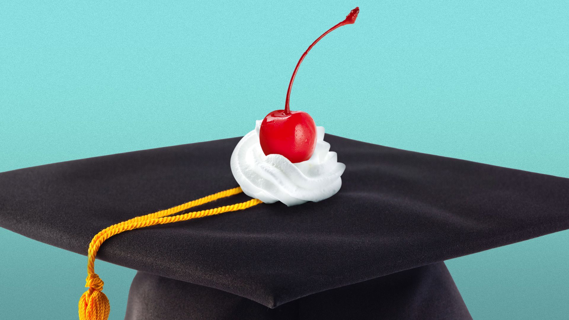 Illustration of a mortarboard with a cherry and whipped cream on top.