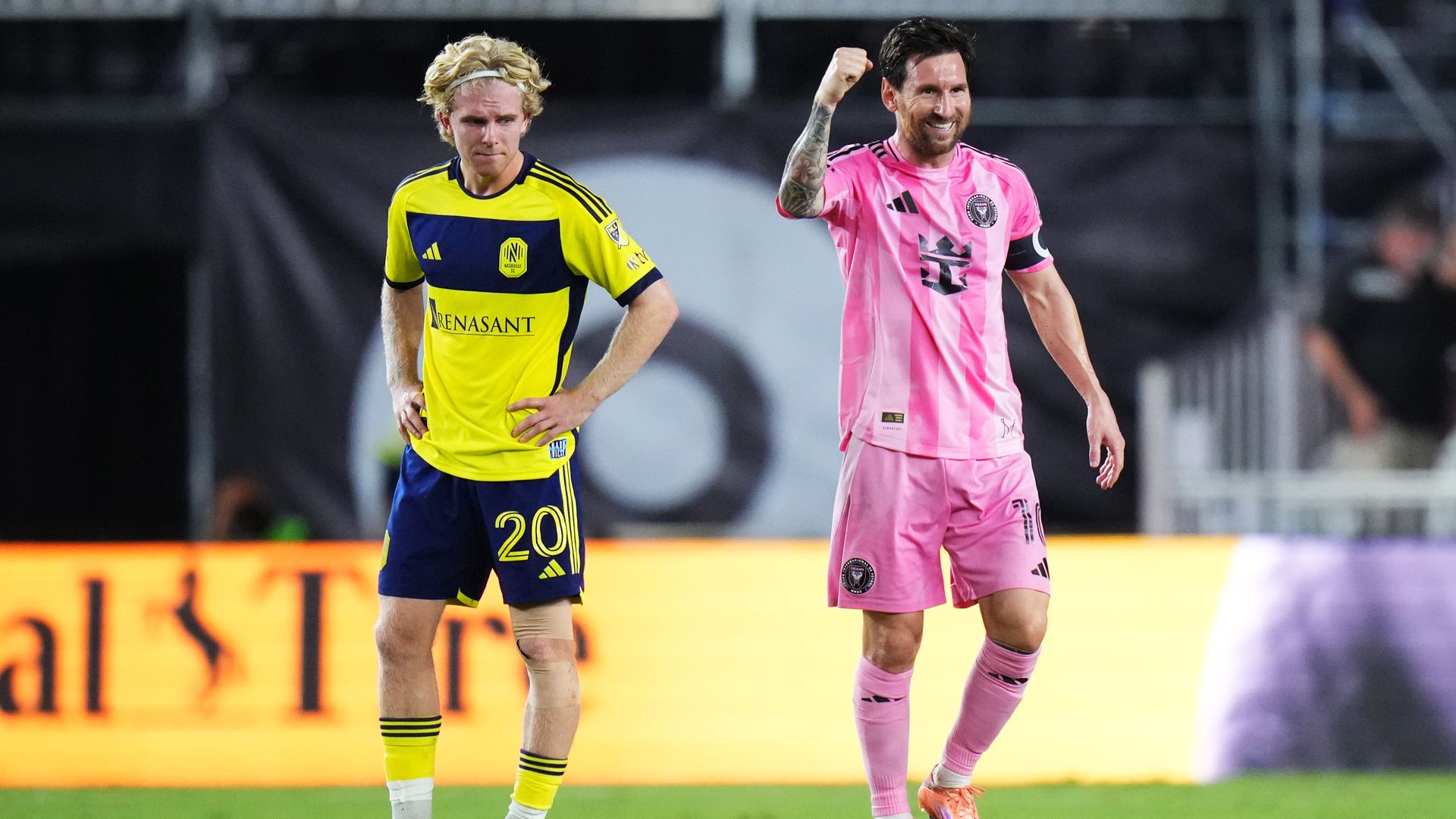 Lionel Messi celebrates after scoring a goal against Nashville SC on Saturday.