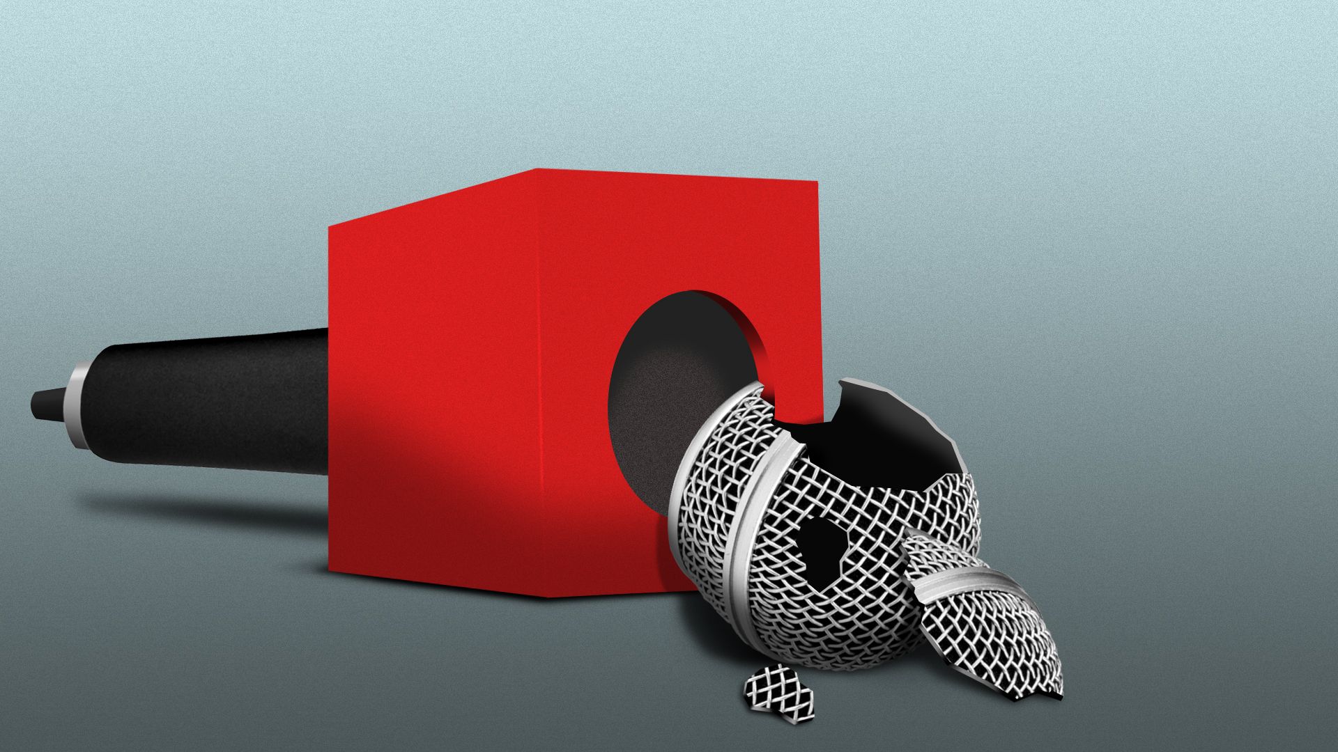 Illustration of an overturned  and broken news microphone 