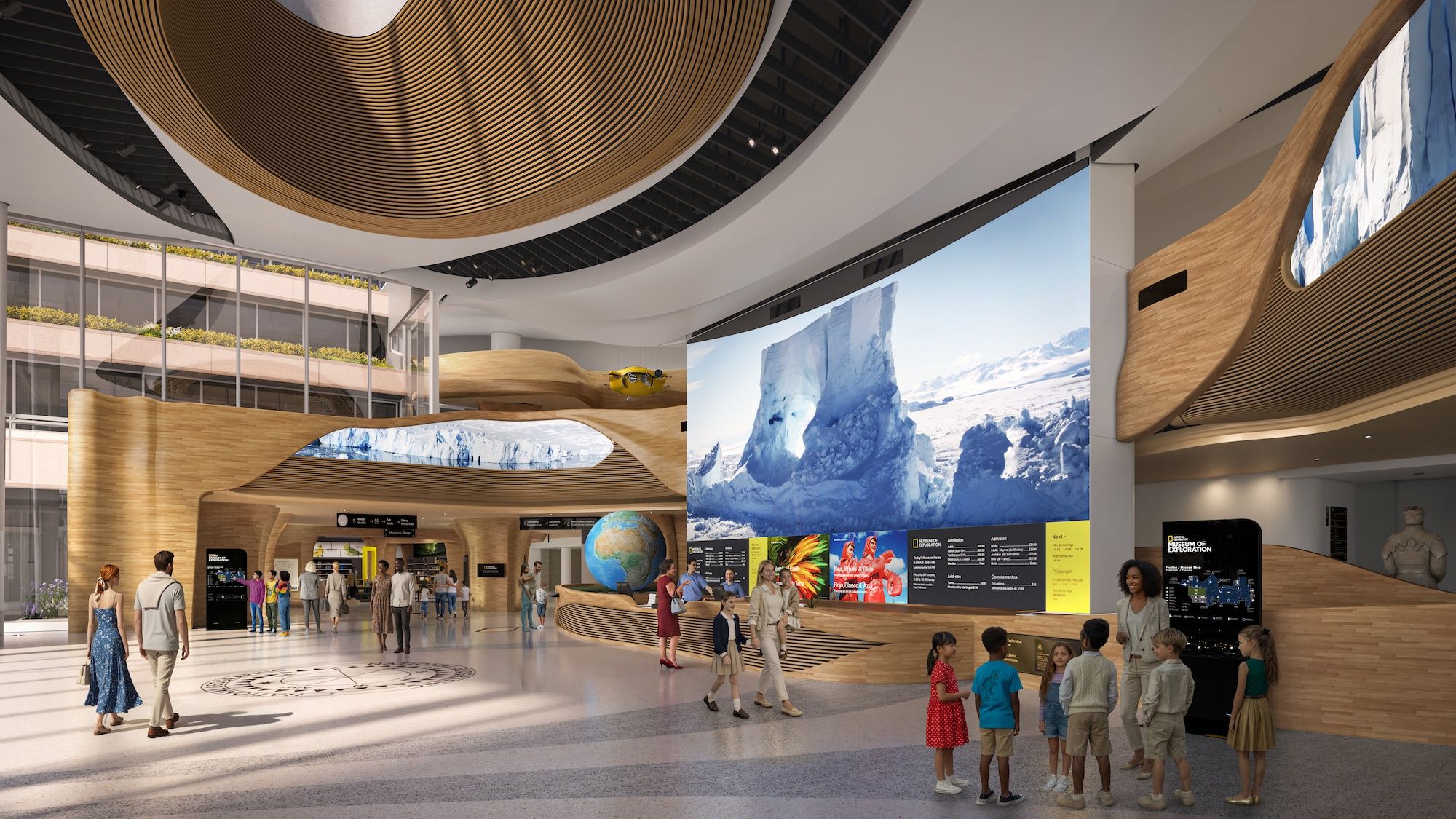Interior of a modern museum lobby featuring curved wooden architecture, a large video wall showing an iceberg, a globe on a wooden pedestal, and groups of visitors including children.