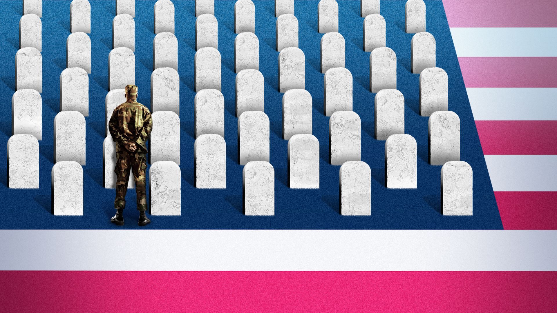 Illustration of an American flag with the stars replaced by gravestones reminiscent of Arlington National Cemetery with a soldier standing over one of the stones