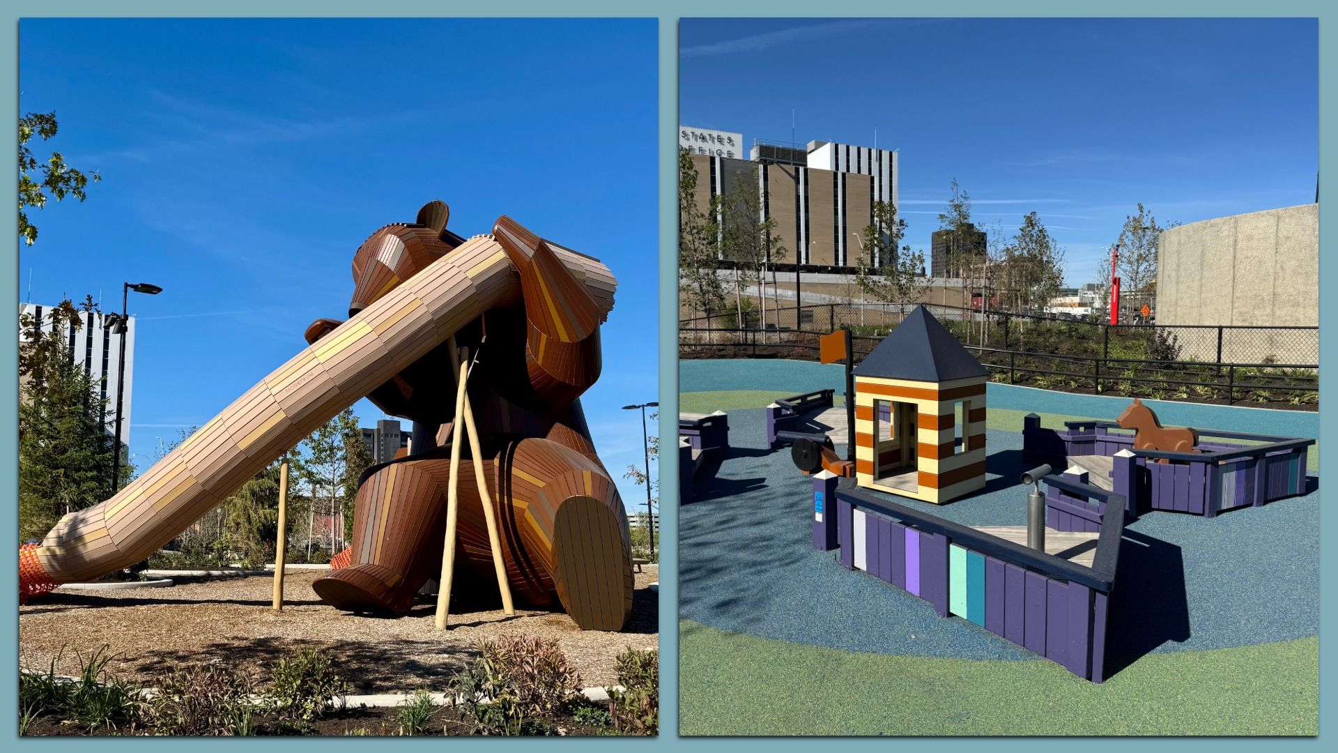 The bear slide (a bear holding a slide) and a mini version of fort wayne, in purple and brown