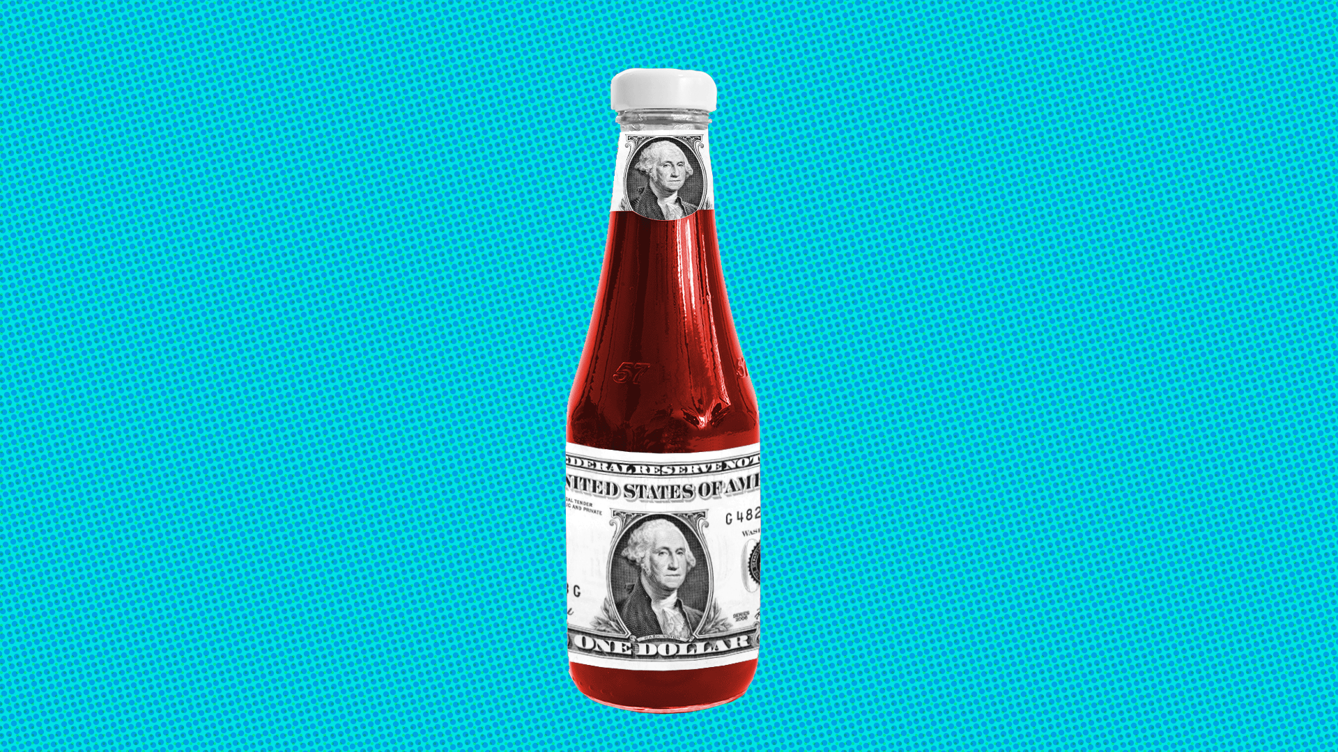 Illustration of a ketchup bottle with a dollar bill as the label.