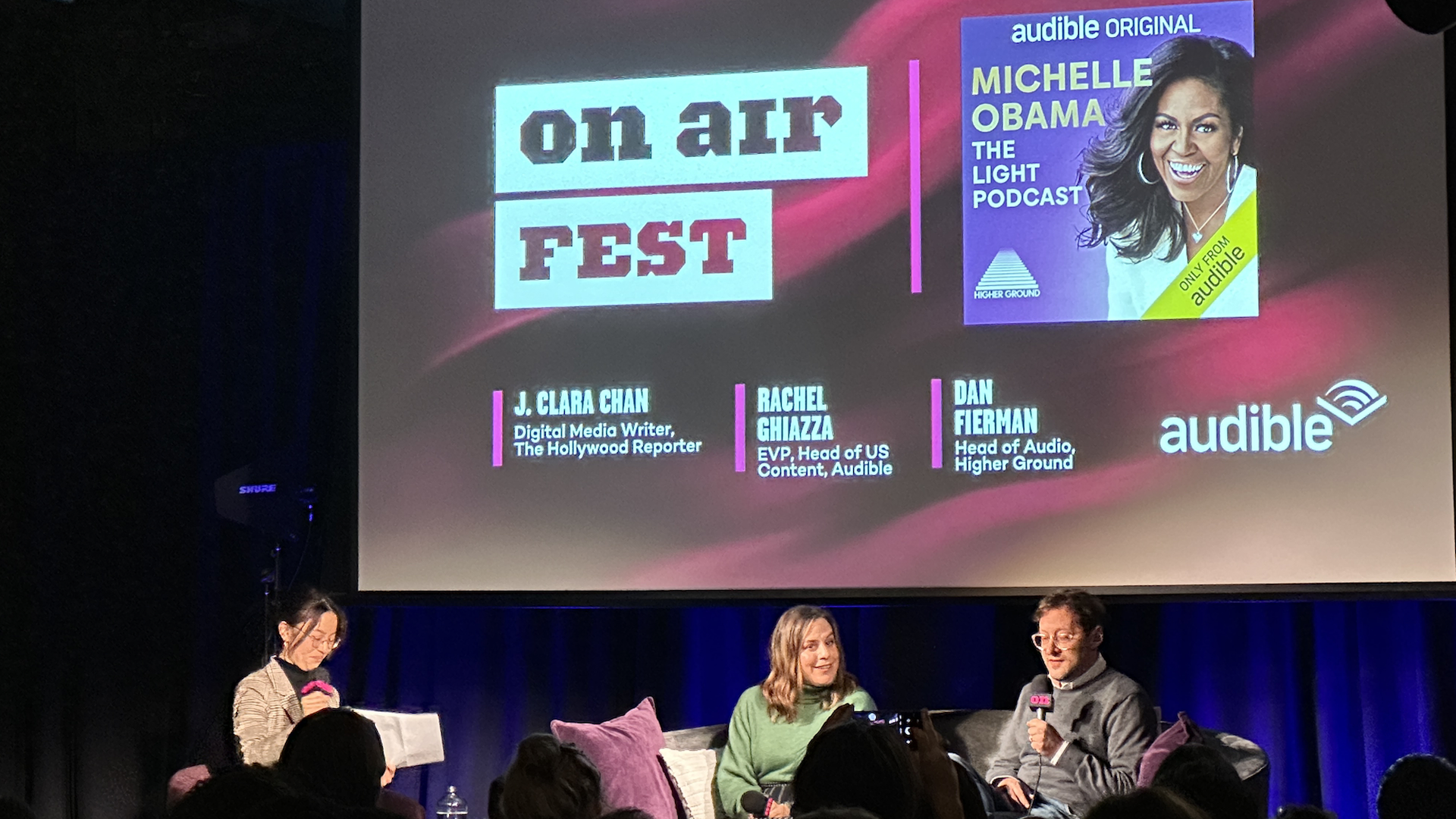 THR's J. Clara Chan, Audible's Rachel Ghiazza and Higher Ground's Dan Fierman at On Air Fest on February 24, 2023