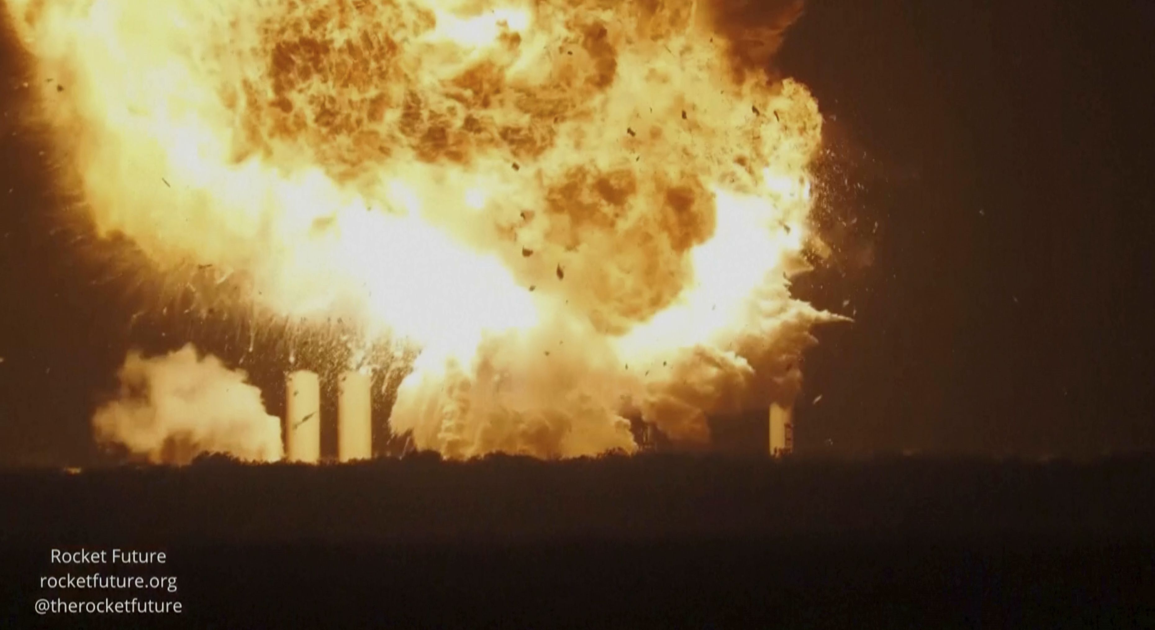 This image provided by rocketfuture.org shows a SpaceX rocket explodes at Starbase, SpaceX's launch site at the southern tip of Texas late Wednesday, June 18, 2025. (rocketfuture.org via AP)