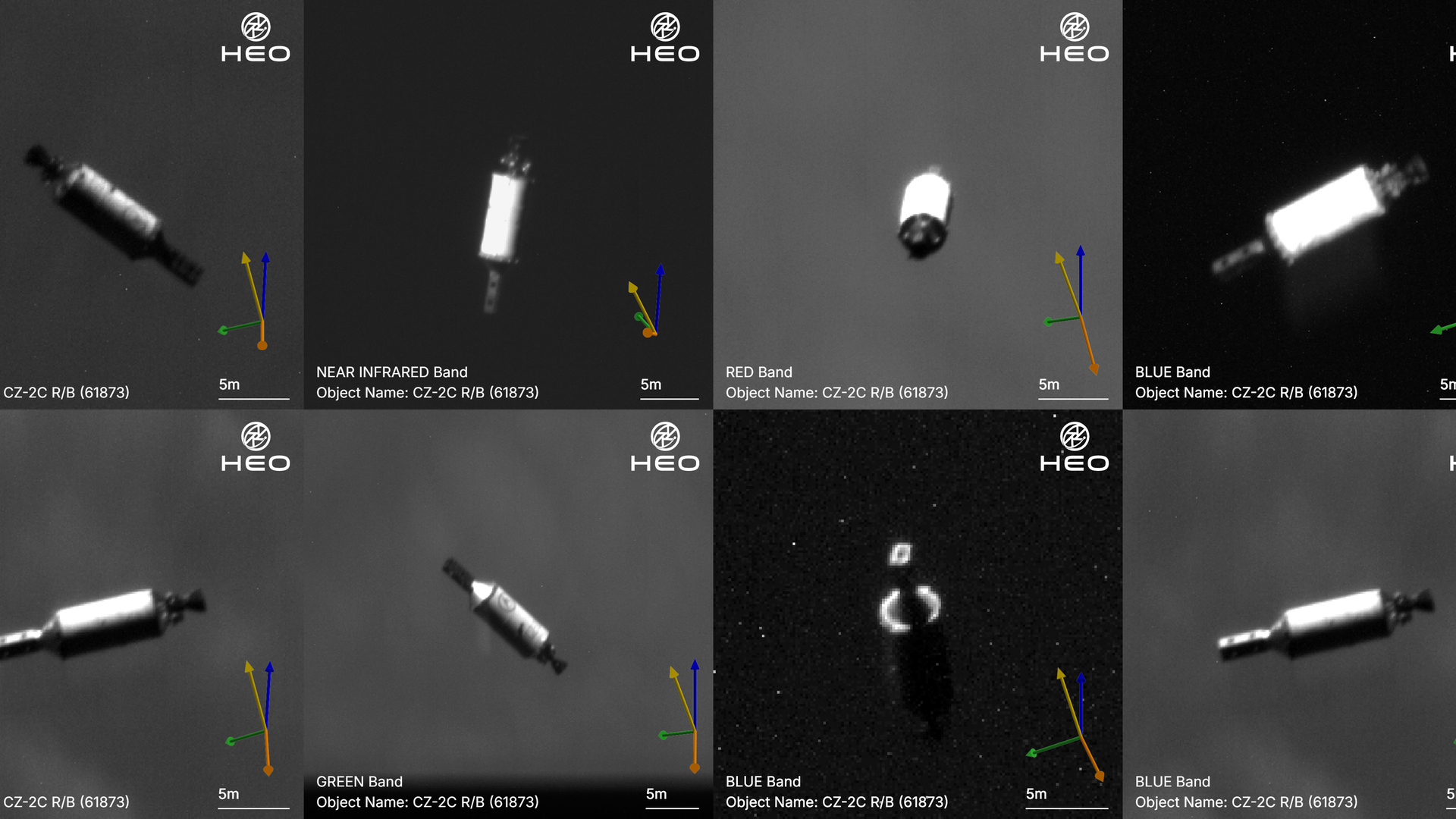Grayscale multi-panel image of CZ-2C R/B hardware in space across Blue, Near-Infrared, Red, and Green bands. Each panel shows a 5 m scale and color-coded axes; HEO logos visible.