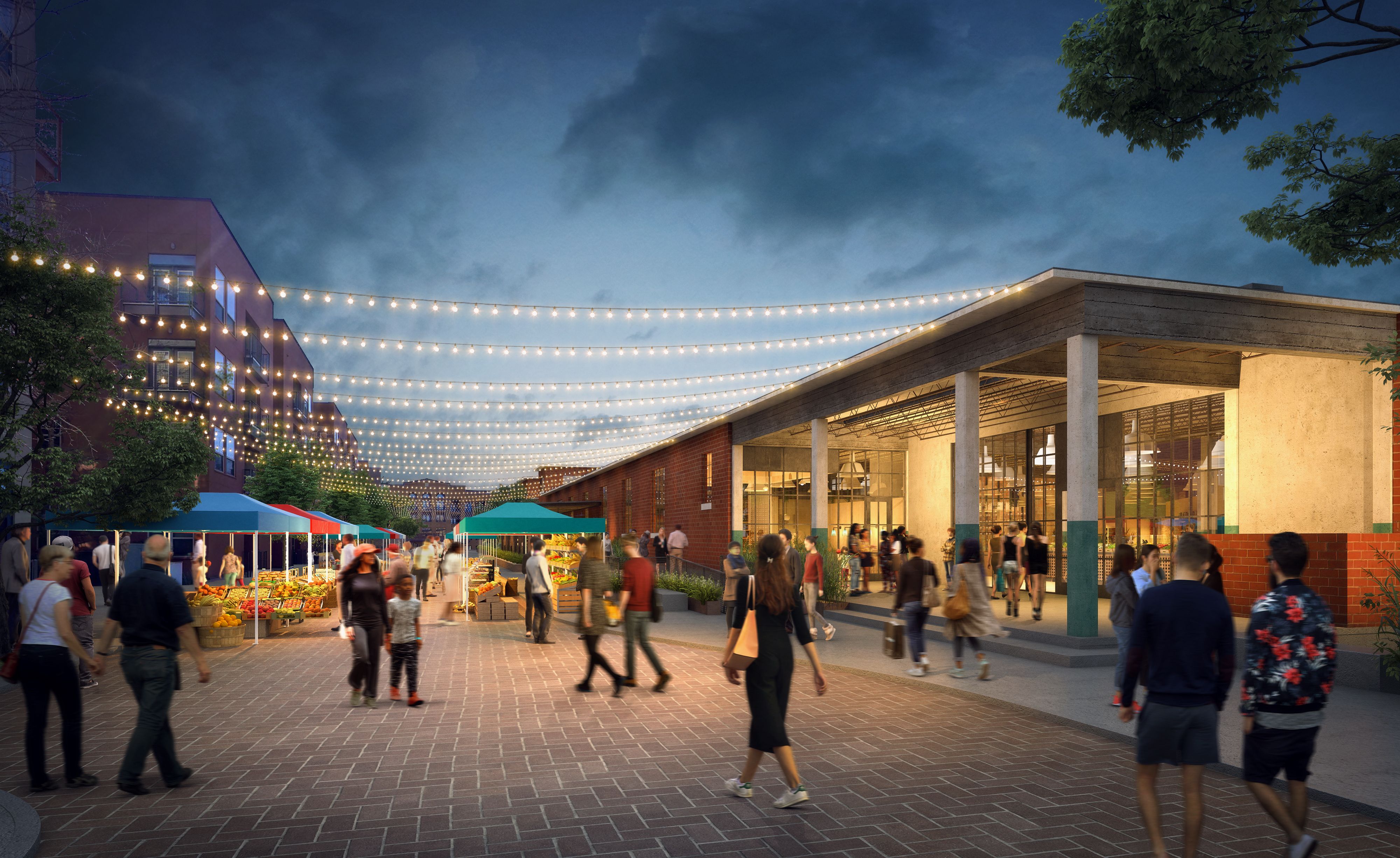 A rendering shows people walking at an outdoor night market.