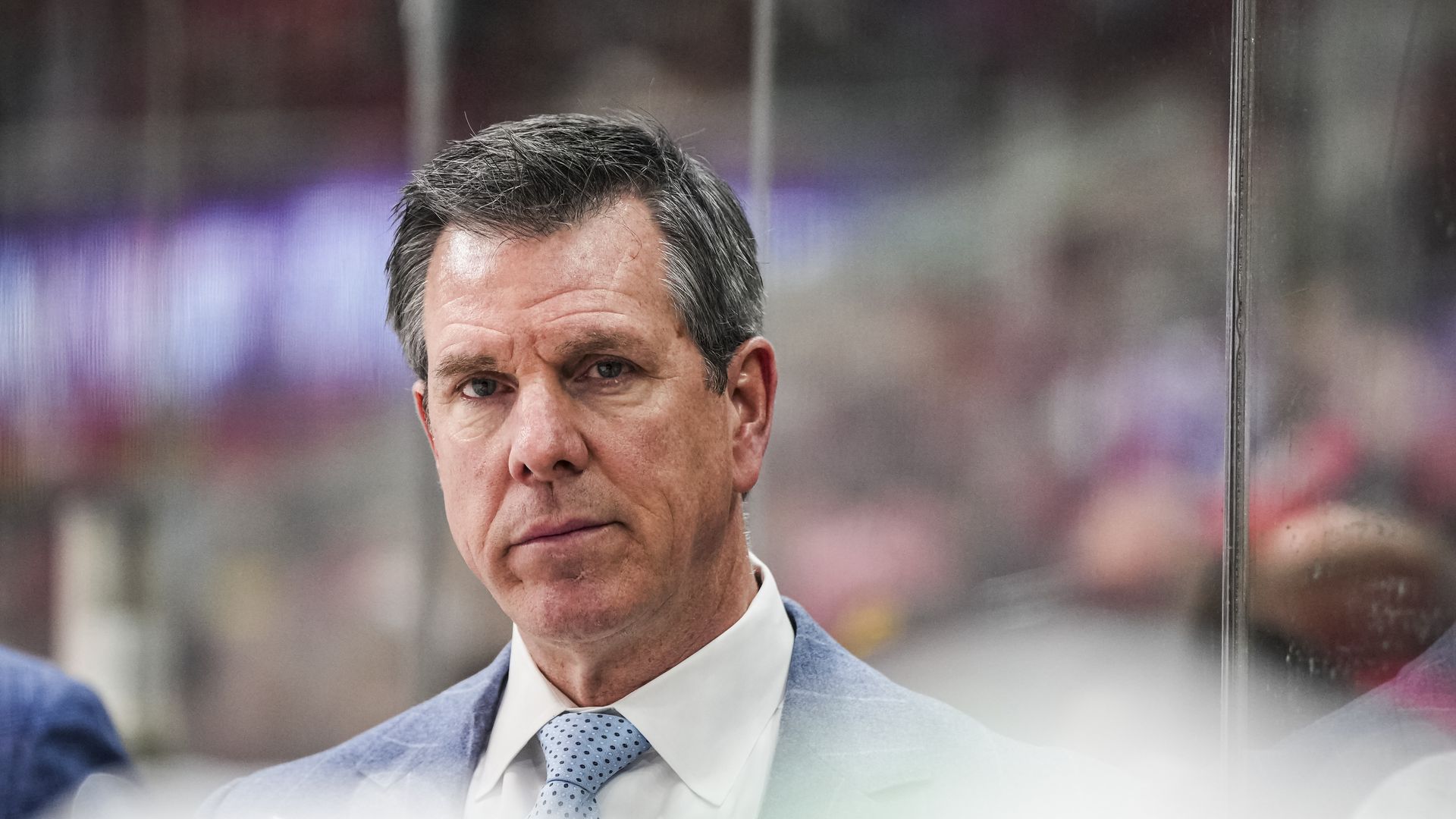 Head Coach Mike Sullivan of the Pittsburgh Penguins looks on during the second period of a game against the Carolina Hurricanes at Lenovo Center on January 05, 2025 in Raleigh, North Carolina. (Photo by Josh Lavallee/NHLI via Getty Images)