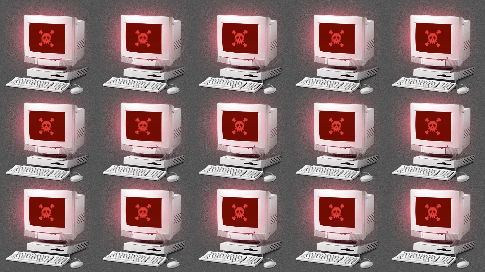 Illustration of a repeating pattern of computers with skulls on the screens