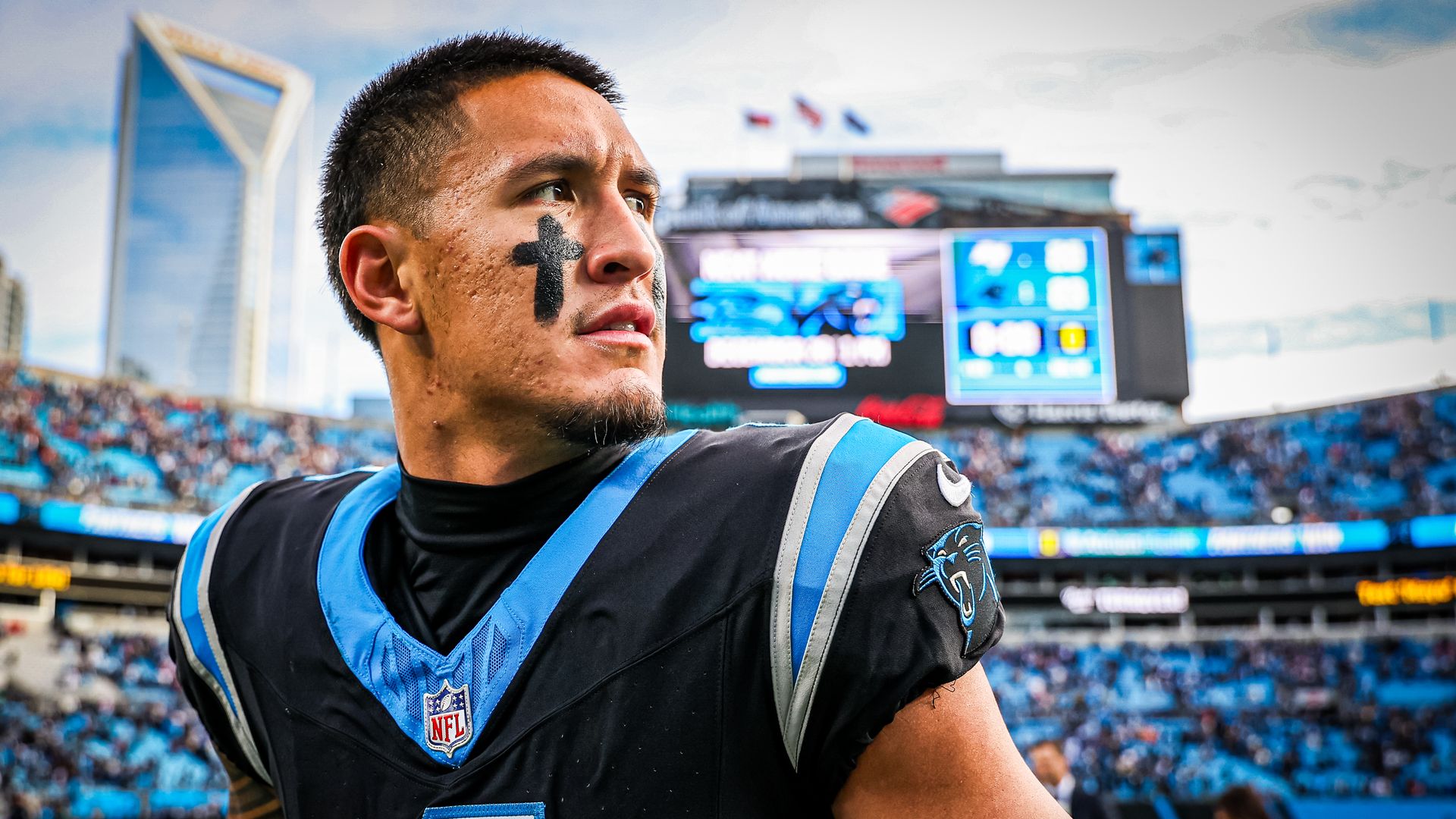 Tetairoa McMillan #4 of the Carolina Panthers looks on after an NFL game against the Tampa Bay Buccaneers at Bank of America Stadium on December 21, 2025 in Charlotte, North Carolina. (Photo by David Jensen/Getty Images)