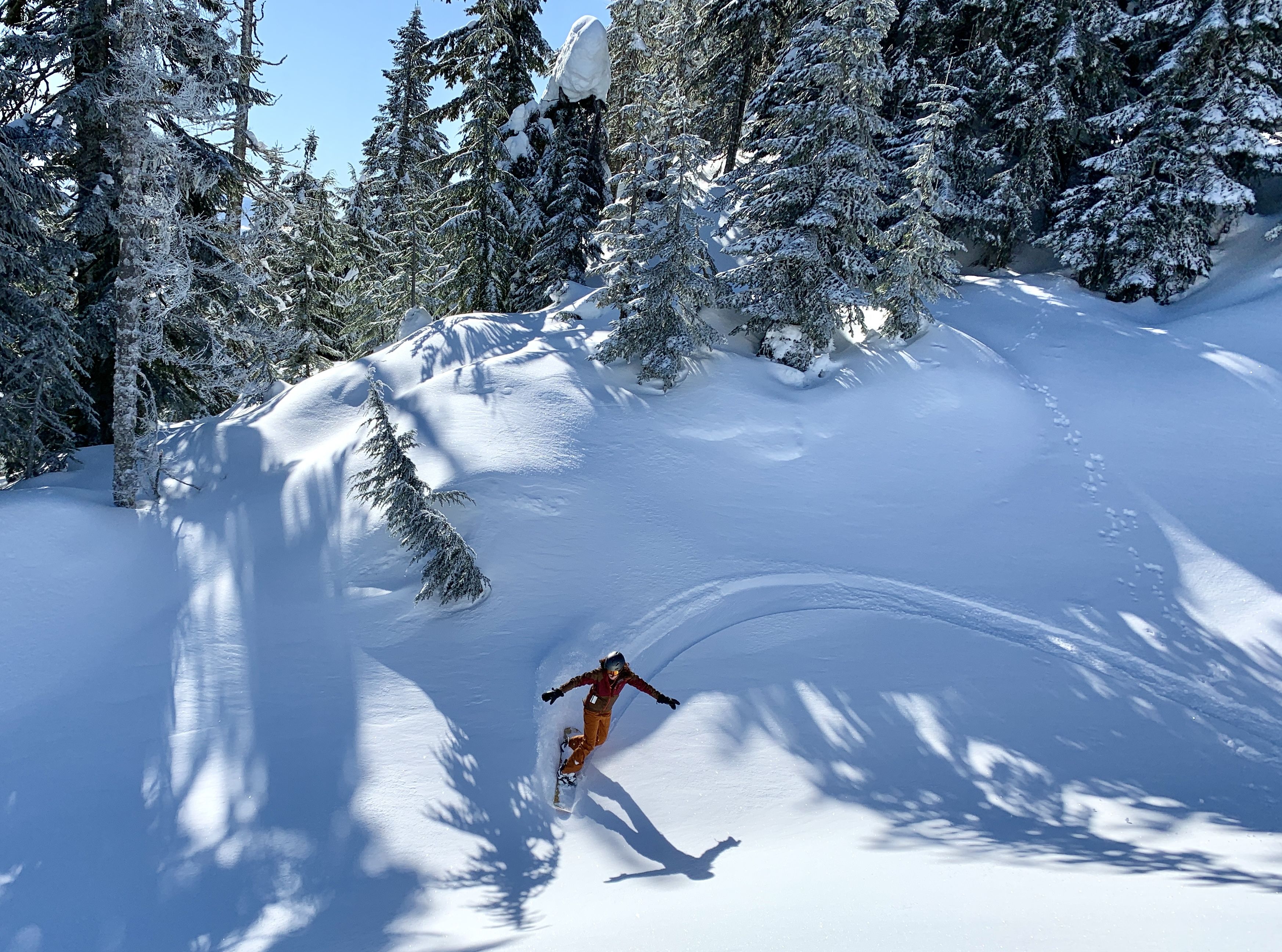 A snowboarder swoops through the snow in a curve.