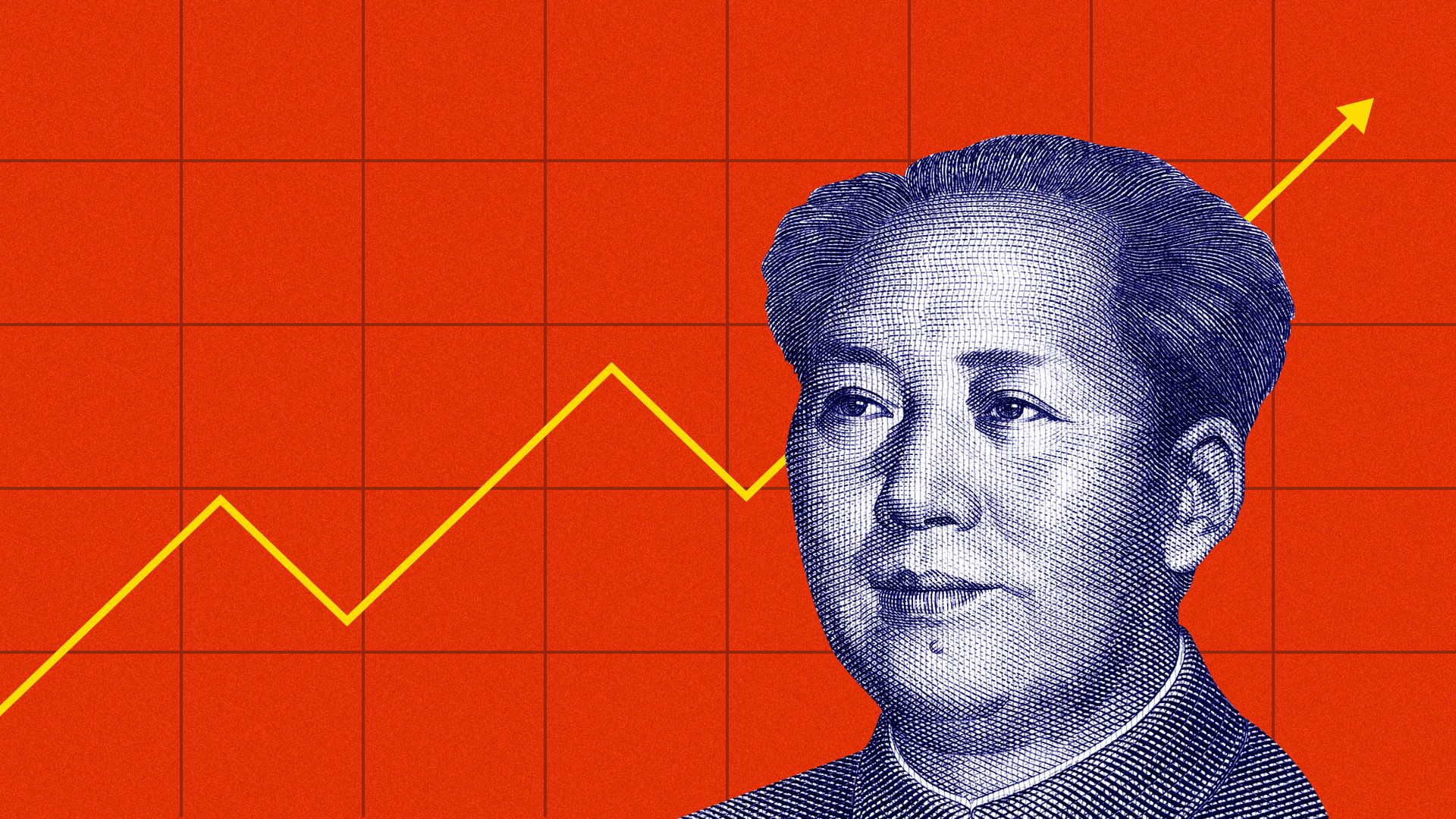 Illustration of Mao Zedong off the Chinese Yuan with an upwards trending line graph.