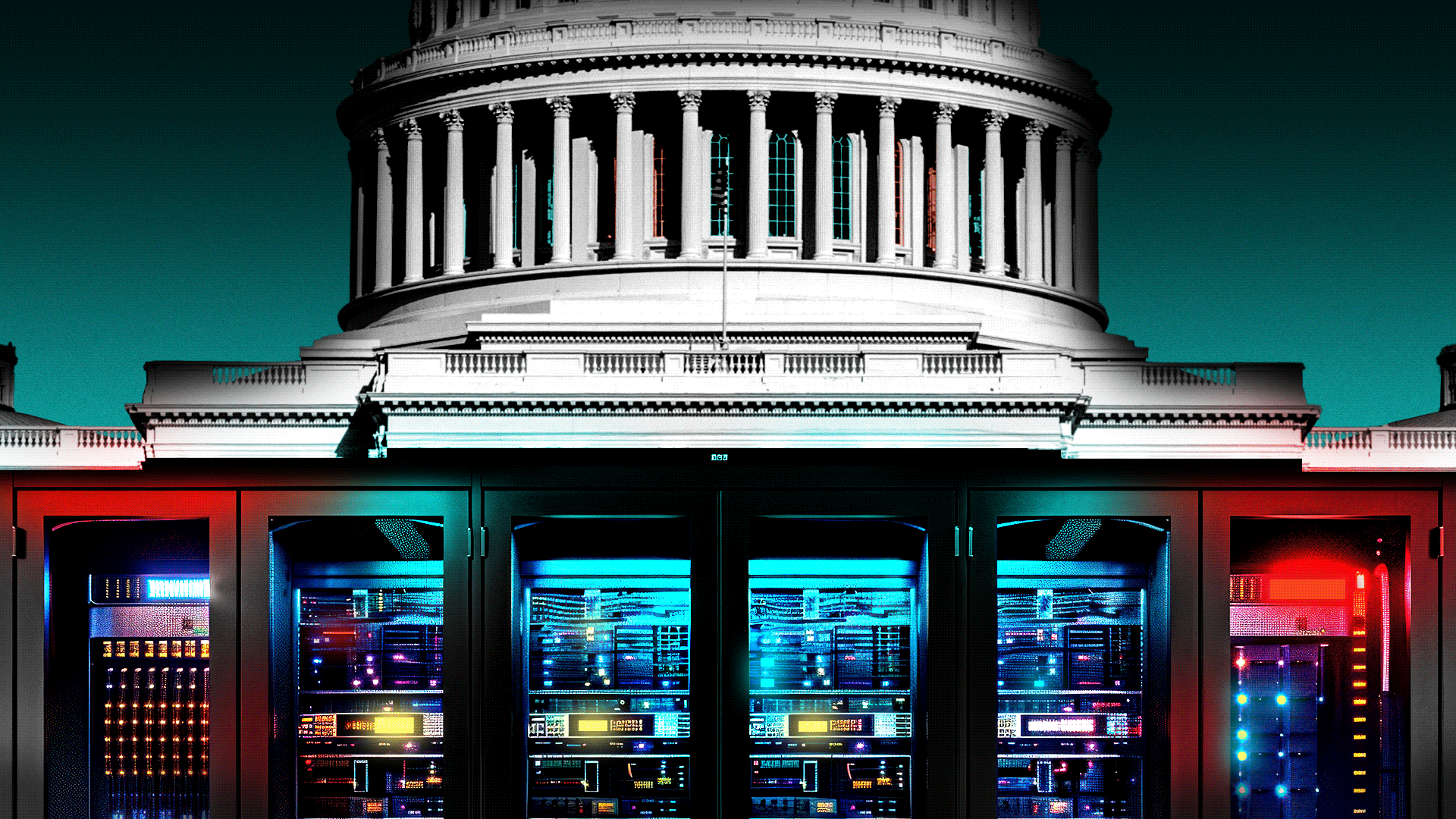 Animated gif of the Capitol Building with a data center bank in place of the columns