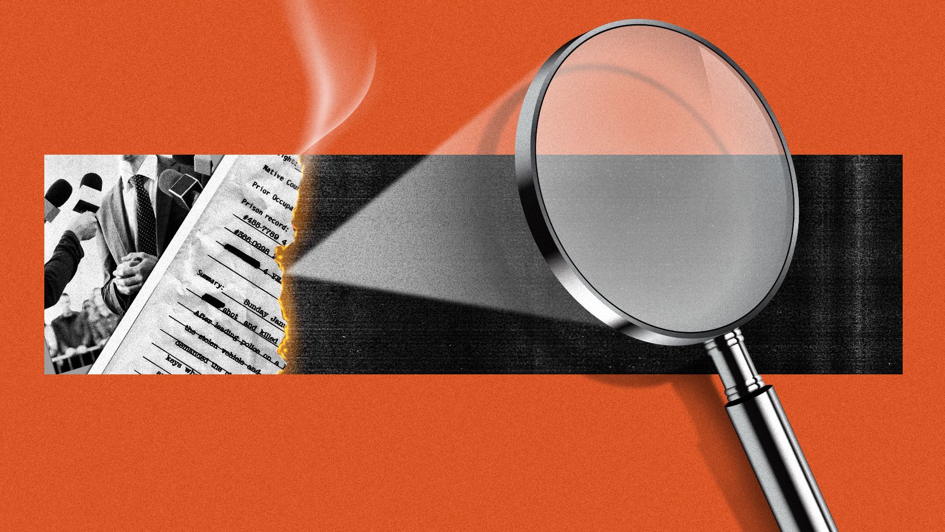 Illustration of a magnifying glass burning away a redaction to reveal documents and photos.