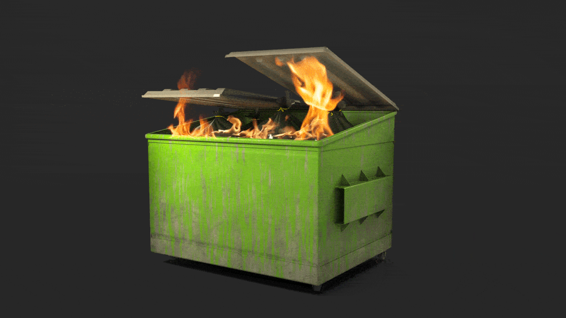 Animated illustration of a dumpster on fire. 