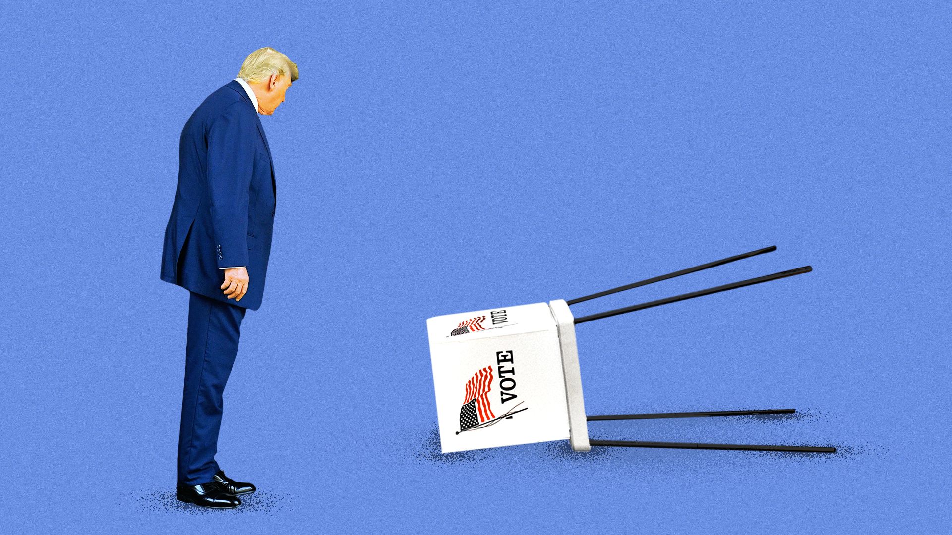 Photo illustration of Donald Trump looking over at a knocked over voting booth. 