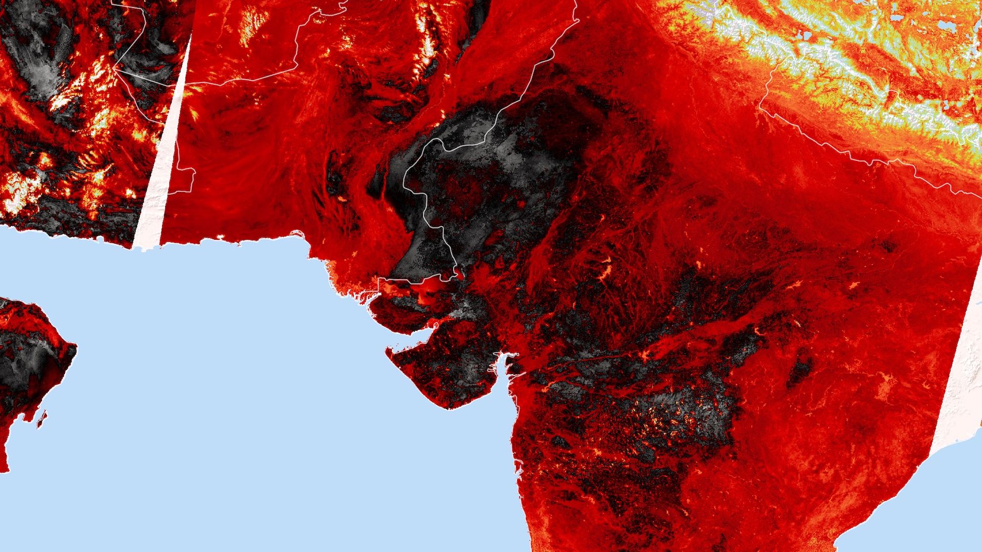 Satellite image showing land surface temperatures across India and Pakistan on April 28, 2022.