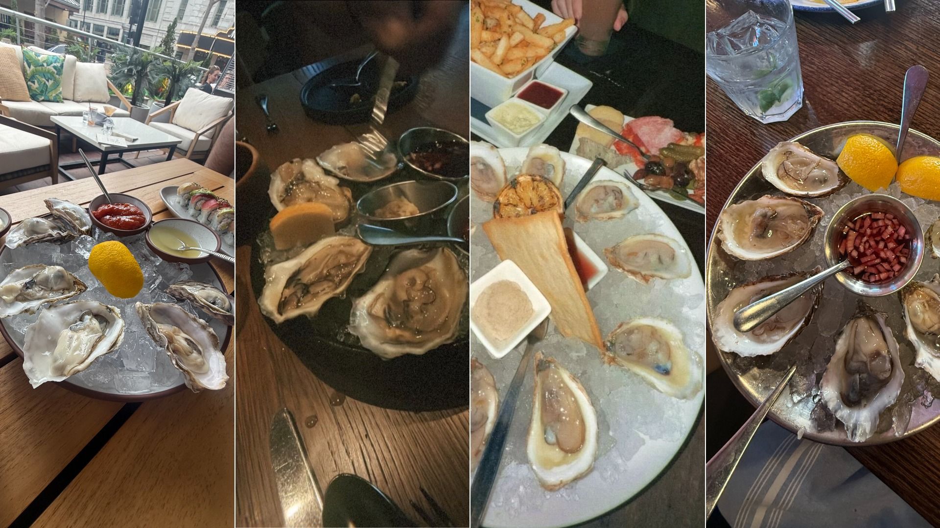 Four-panel collage of an oyster feast: outdoor lounge seating; close-up oysters on ice with lemon and sauces; bread and toppings; a round plate of oysters with lemon wedges and diced fruit.
