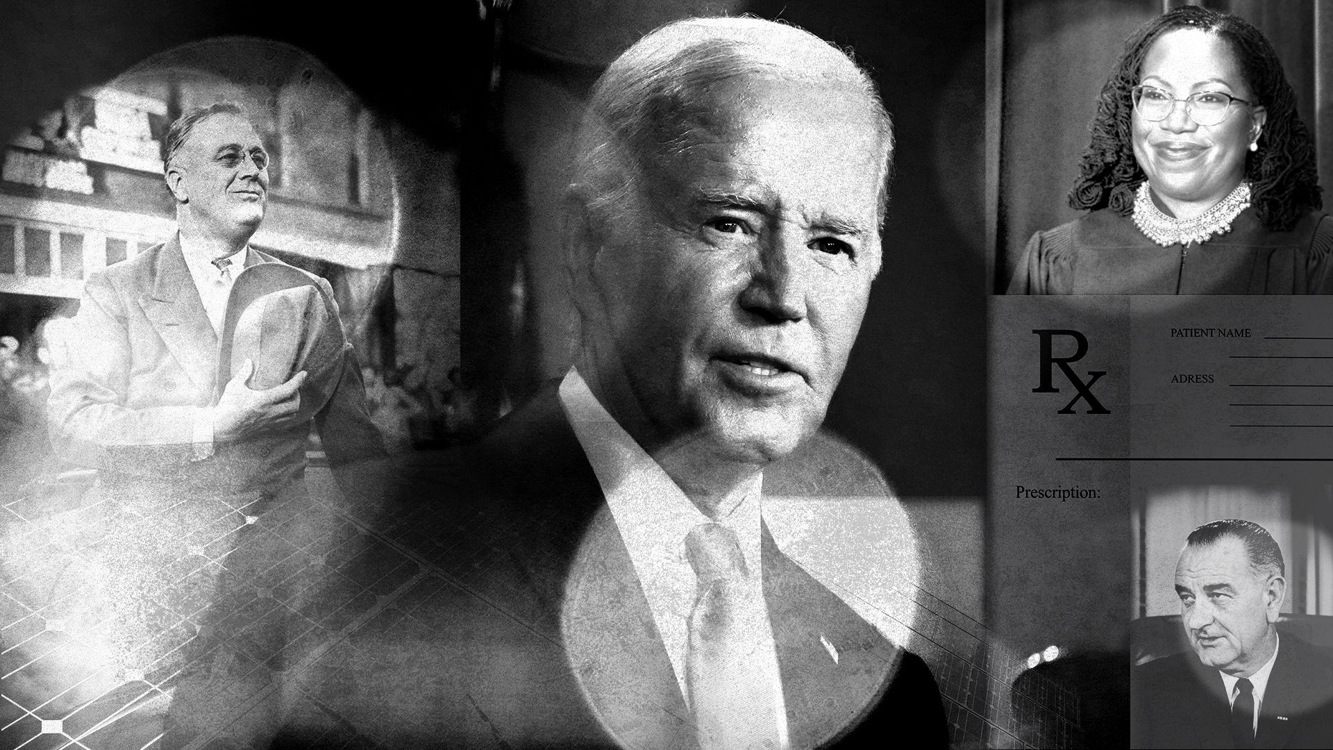 Photo illustration of Biden surrounded by photos of LBJ, FDR, Ketanji Brown Jackson, and images of solar panels, and prescription drug pads.