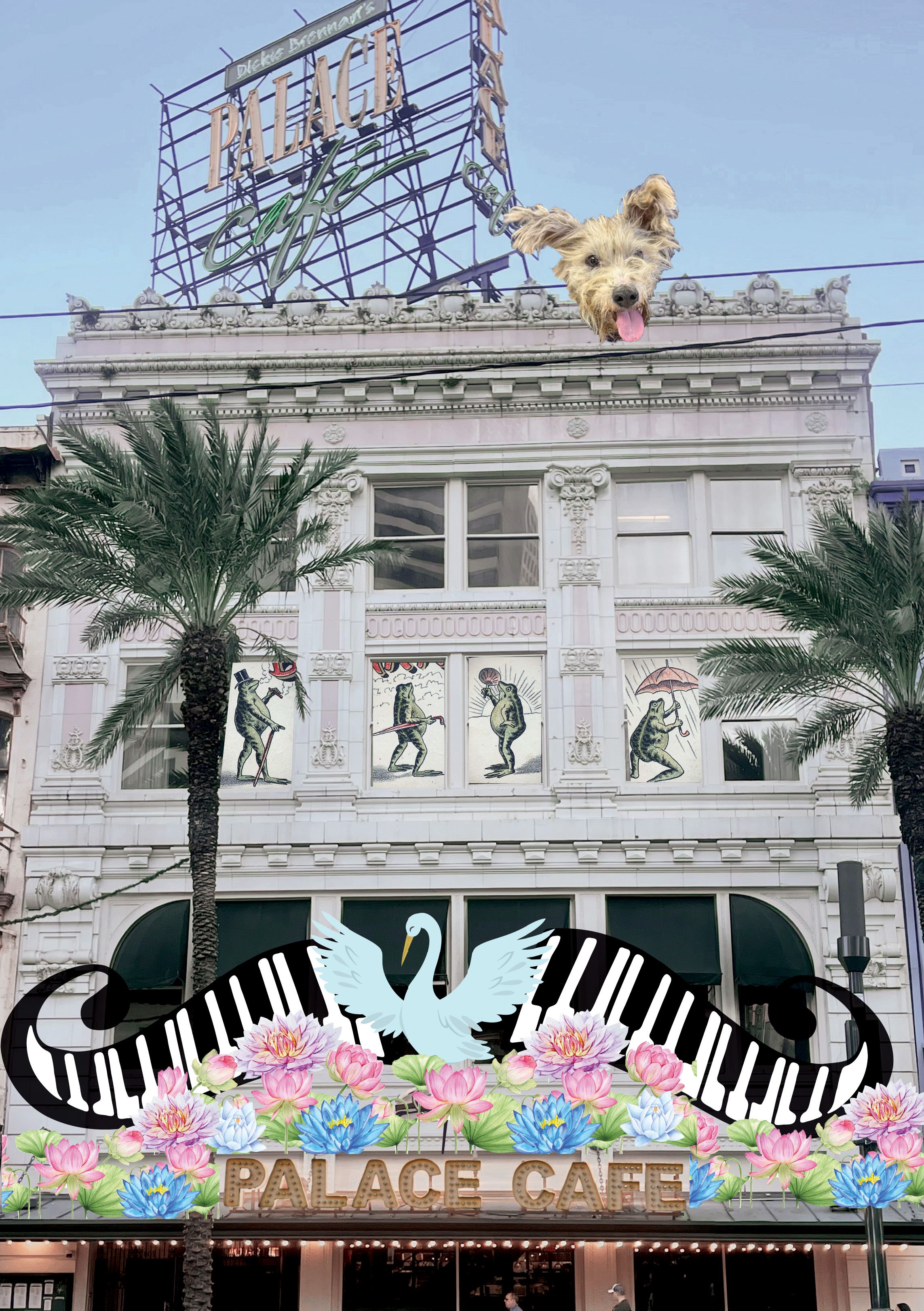 Flowers, a large white bird and piano keys appear in an artistic rendering on top of the Palace Cafe facade.