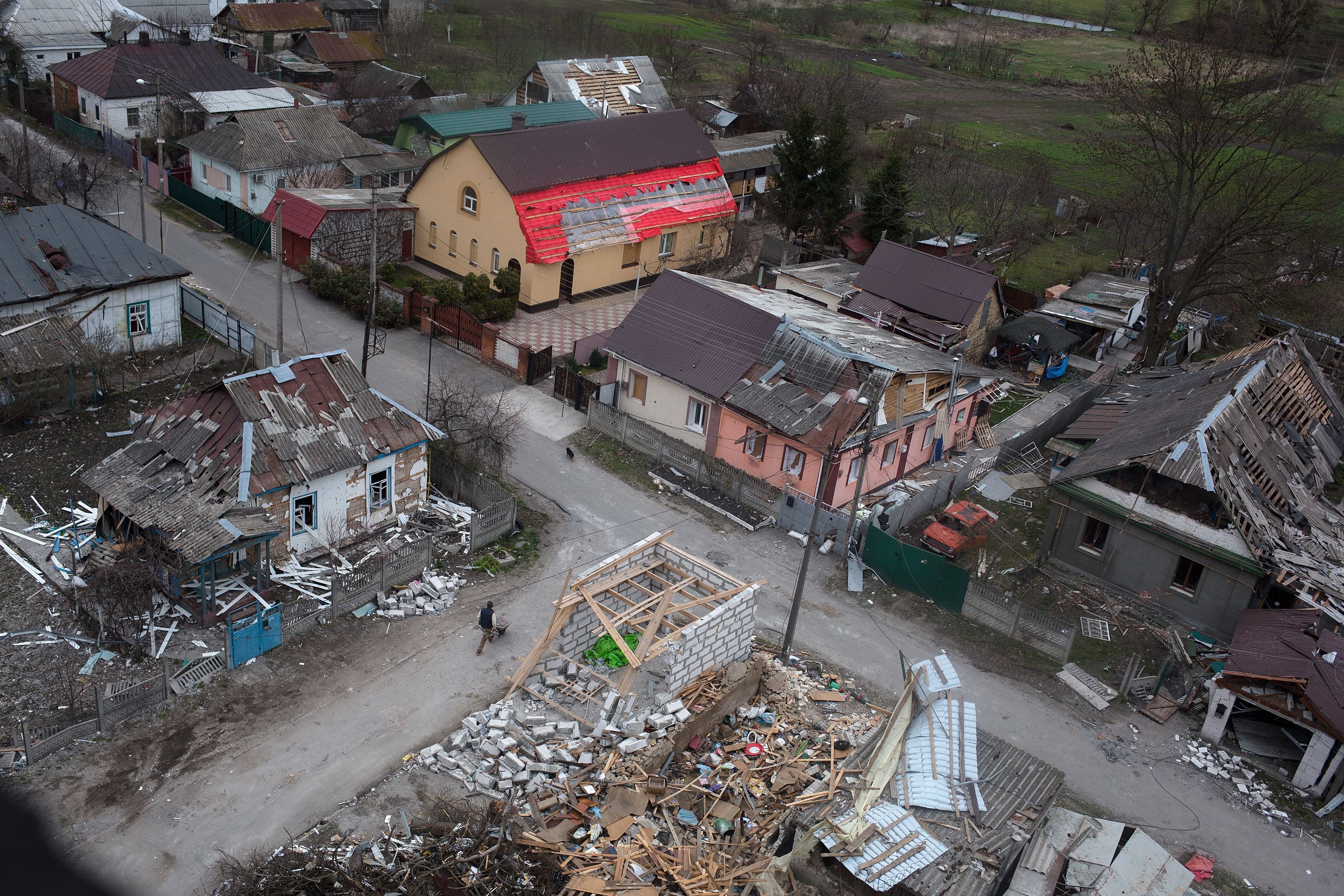 A view of a destroyed residential area on April 13, 2022 in Borodianka, Ukraine. 