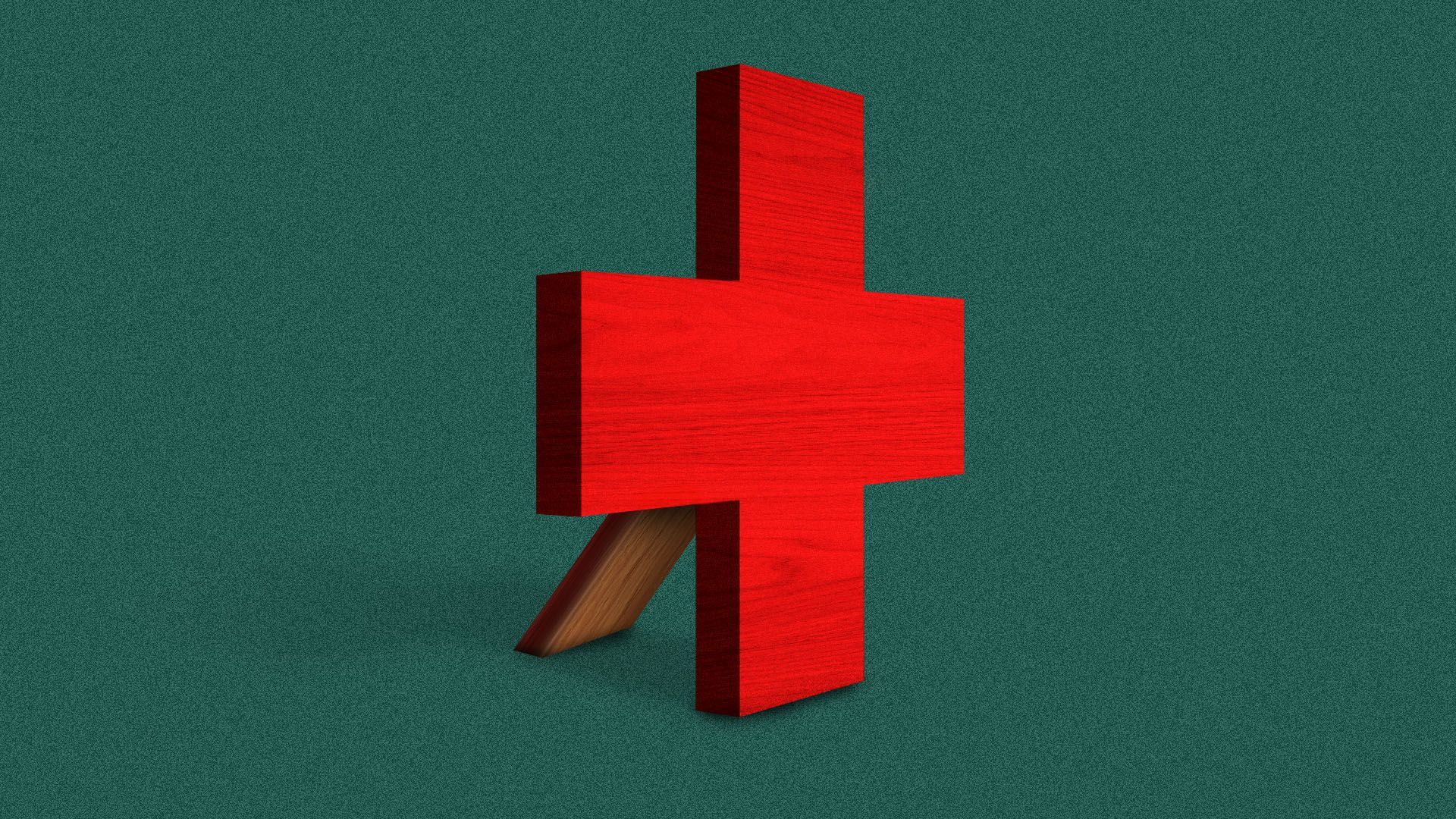 an illustration of a red cross facade being propped up by a wooden board