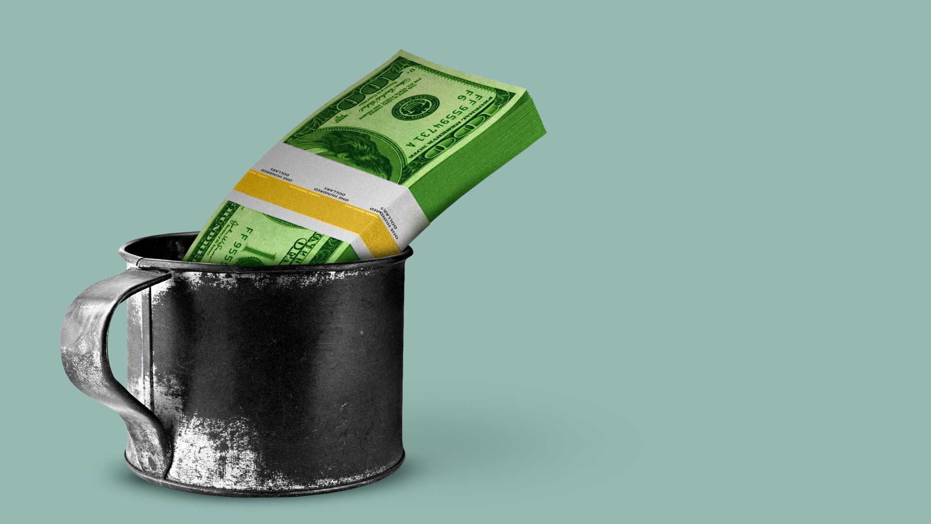 Illustration of a stack of cash in a tin cup.  
