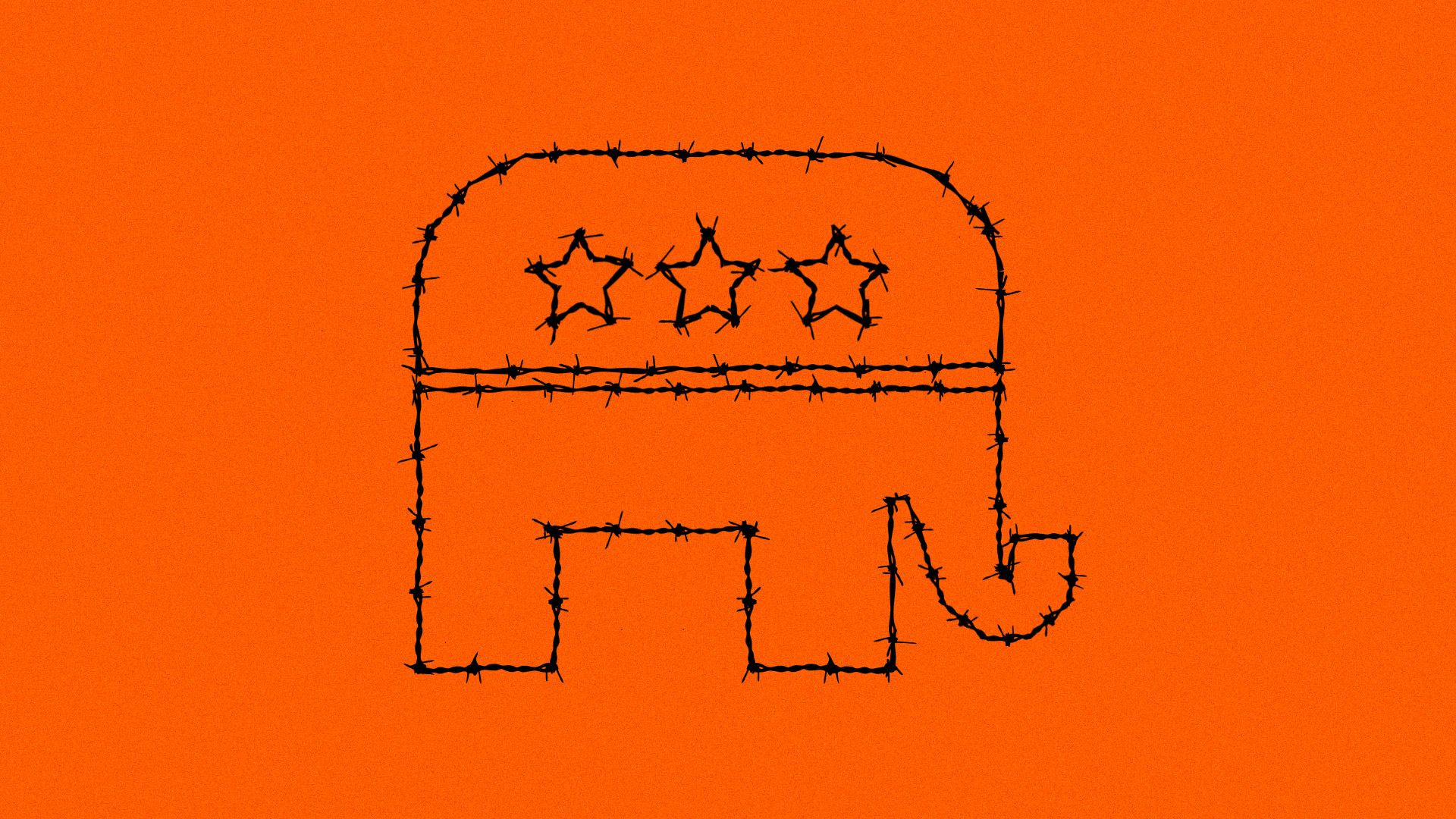 A GOP elephant symbol made of barbed wire