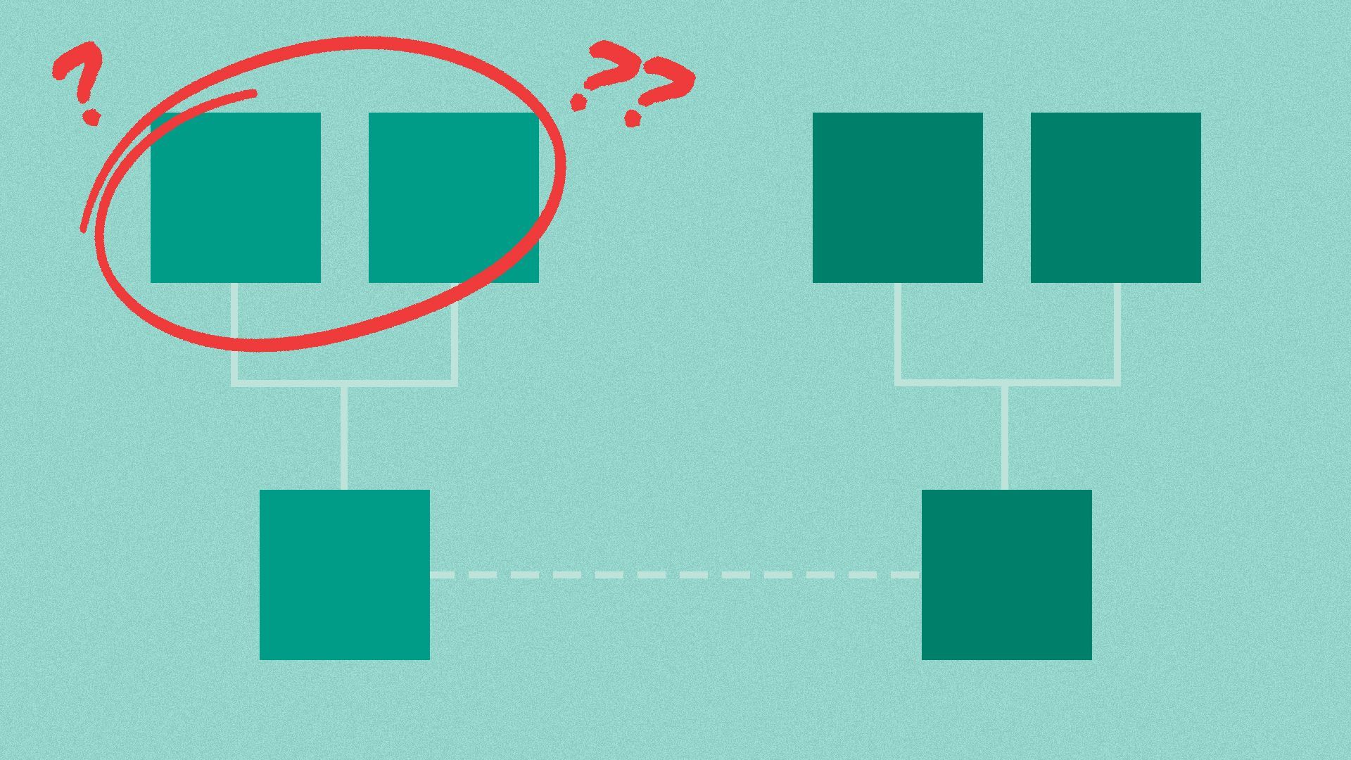 Illustration of a minimalist style family tree showing a married couple and lines for each of their parents, with one set of parents circled and question marks all around. 