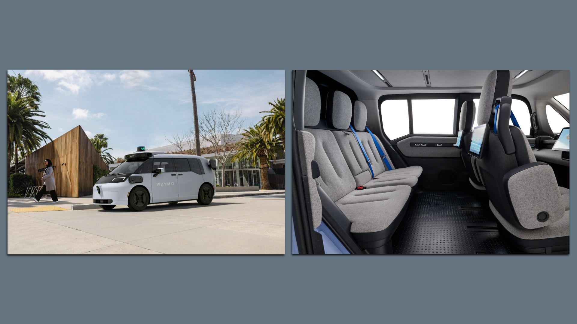 Two photos: left shows a white Waymo Ojai robotaxi van on a sunny street with palm trees and a pedestrian; right shows the car's interior, including two rows of gray fabric seats, blue seat belts, and screens in the front and rear.
