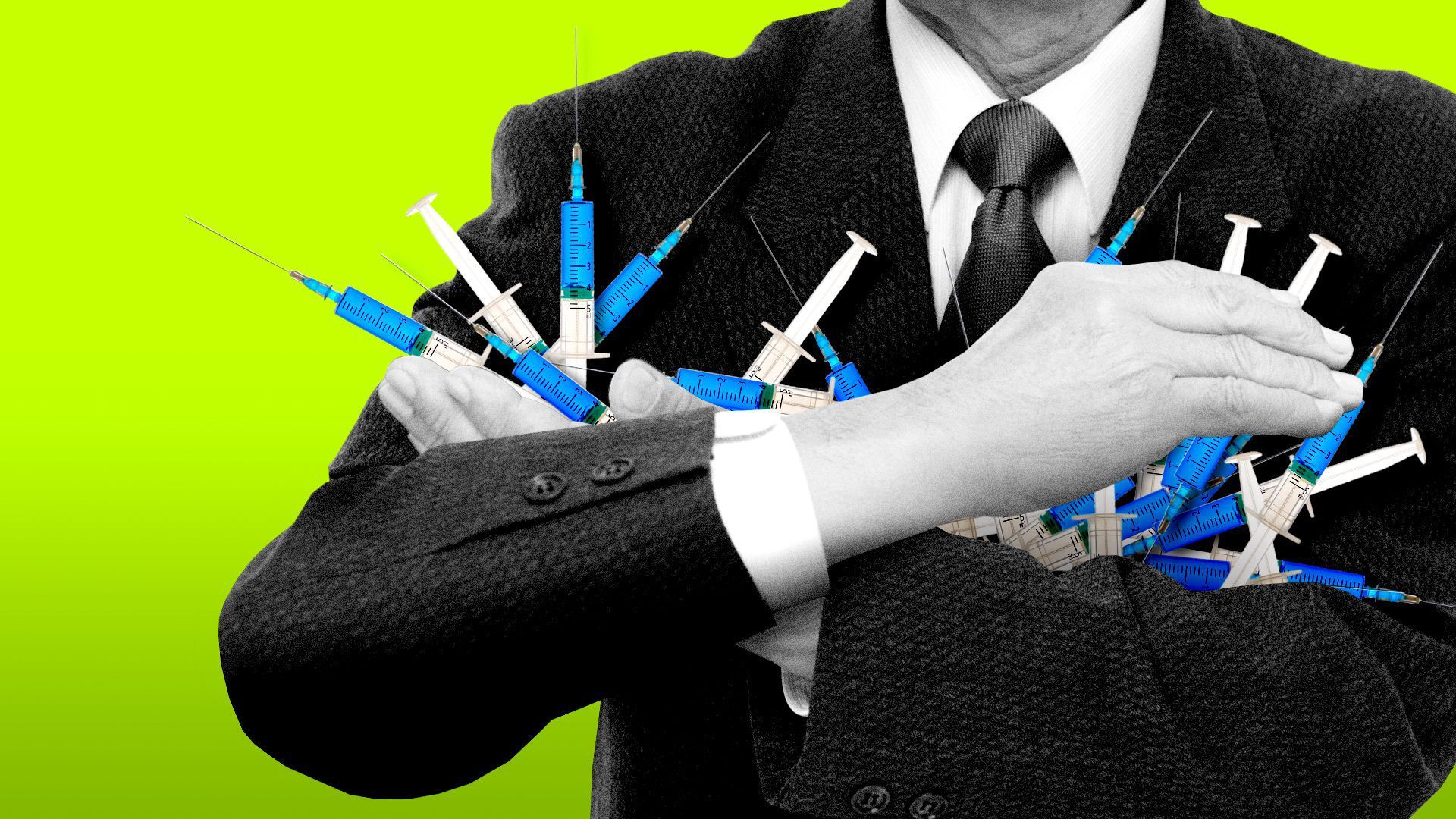 An illustration of a man in a suit hoards a bunch of vaccine shots in his arms.