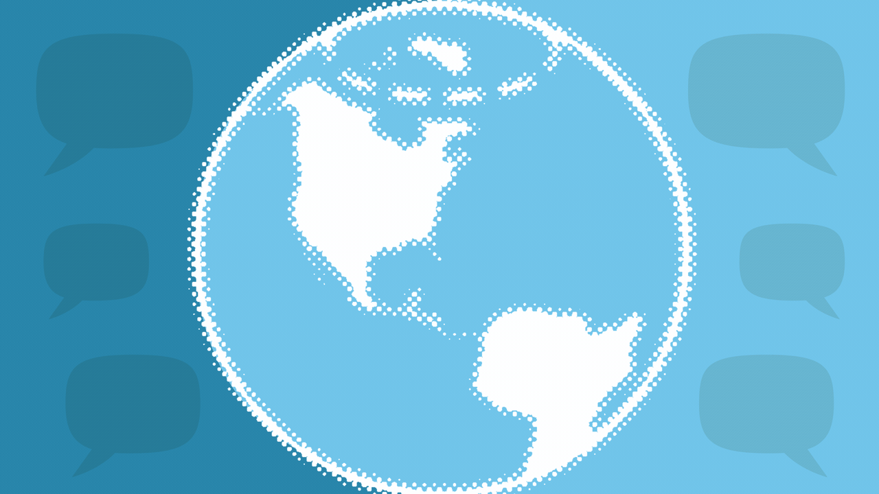 Animated illustration of the polar vortex over the globe, over a blue background with word balloons.