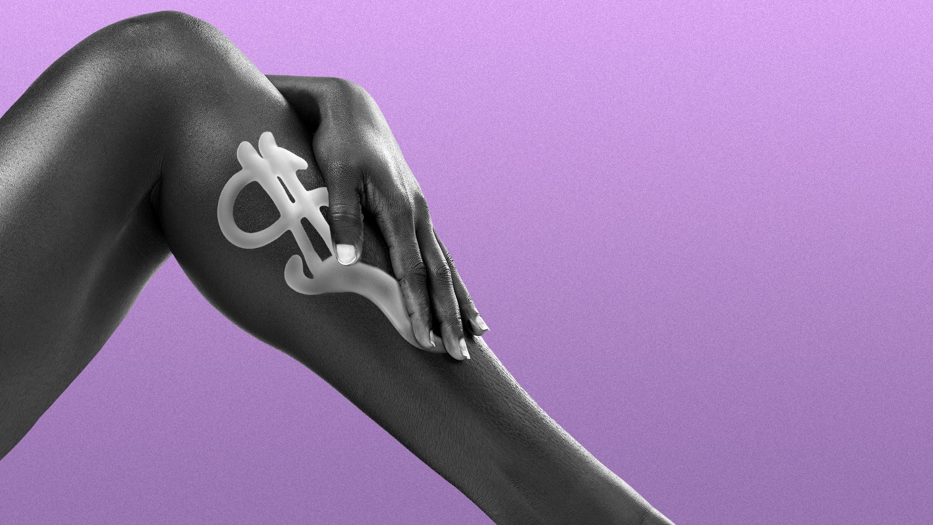 Illustration of a woman applying cream shaped like a dollar sign onto her leg.