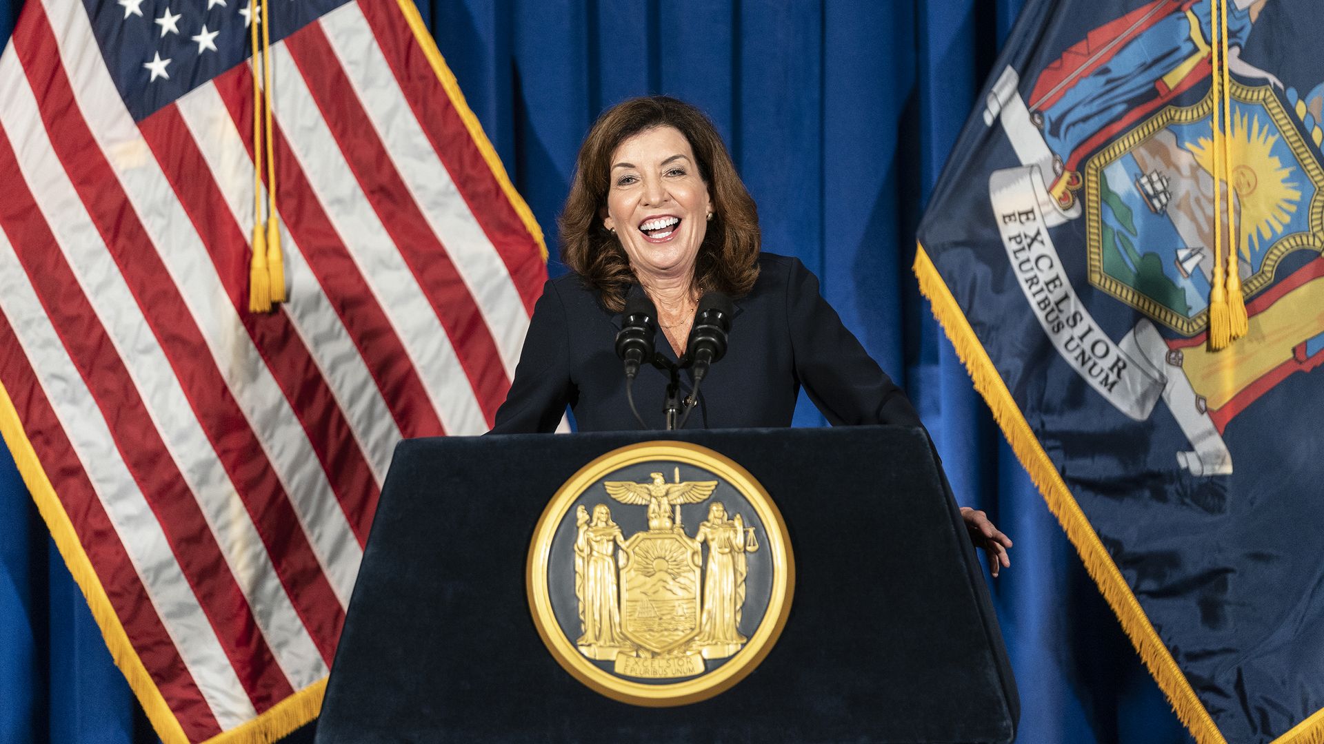 Lieutenant Governor Kathy Hochul addresses the people of New York at the State Capitol Building
