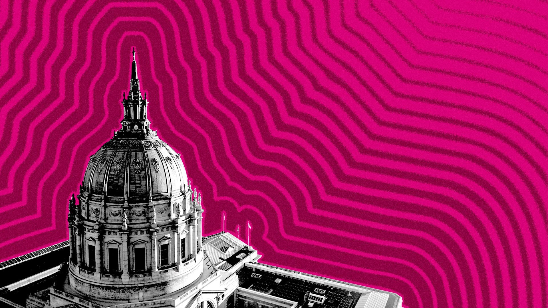 Illustration of San Francisco City Hall with lines radiating from it.