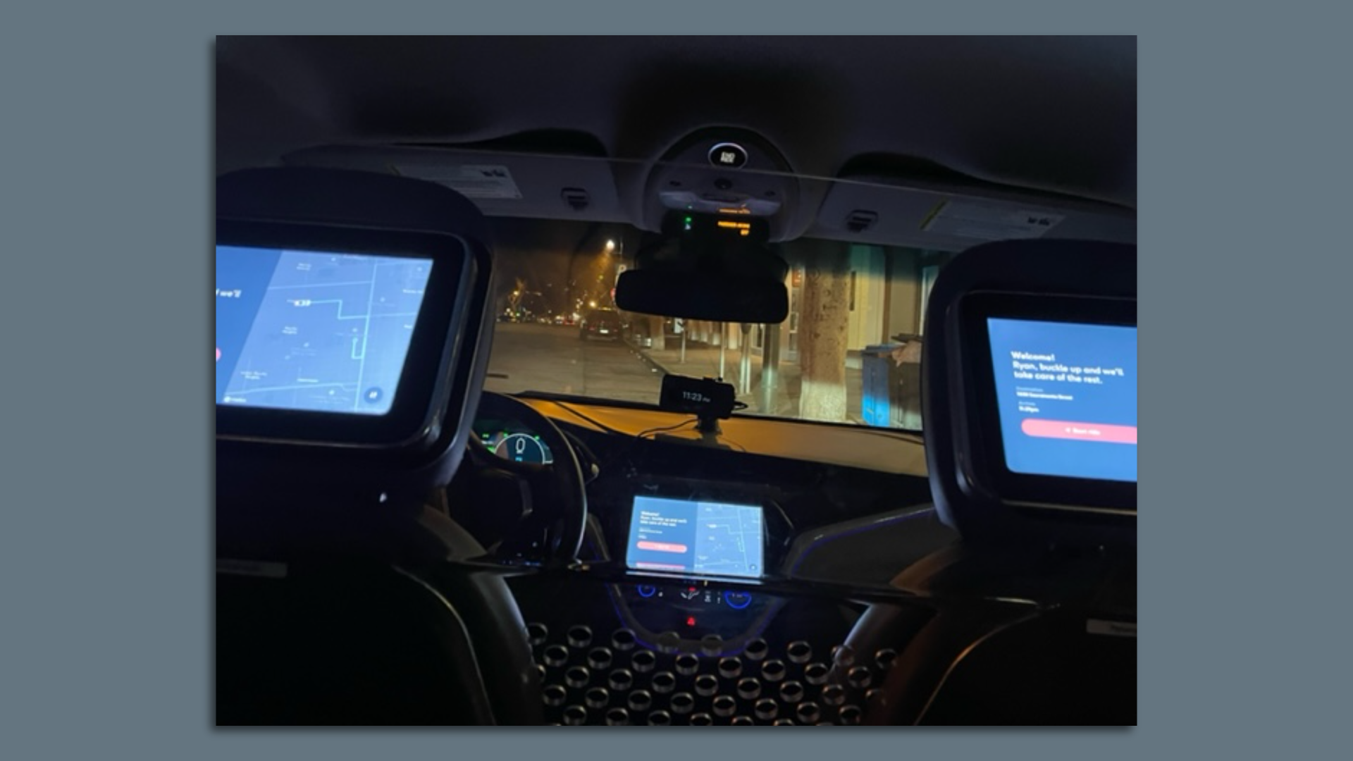 The view out the windshield of an autonomous vehicle.