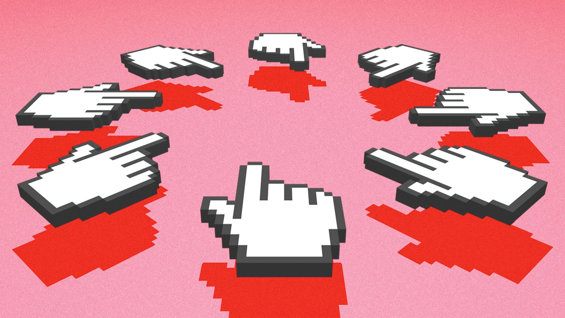 Illustration of eight hand-shaped cursors pointing at one another.