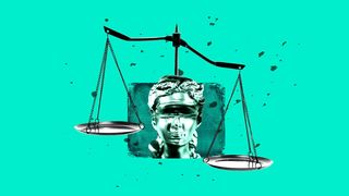 Collage illustration of Lady Justice.