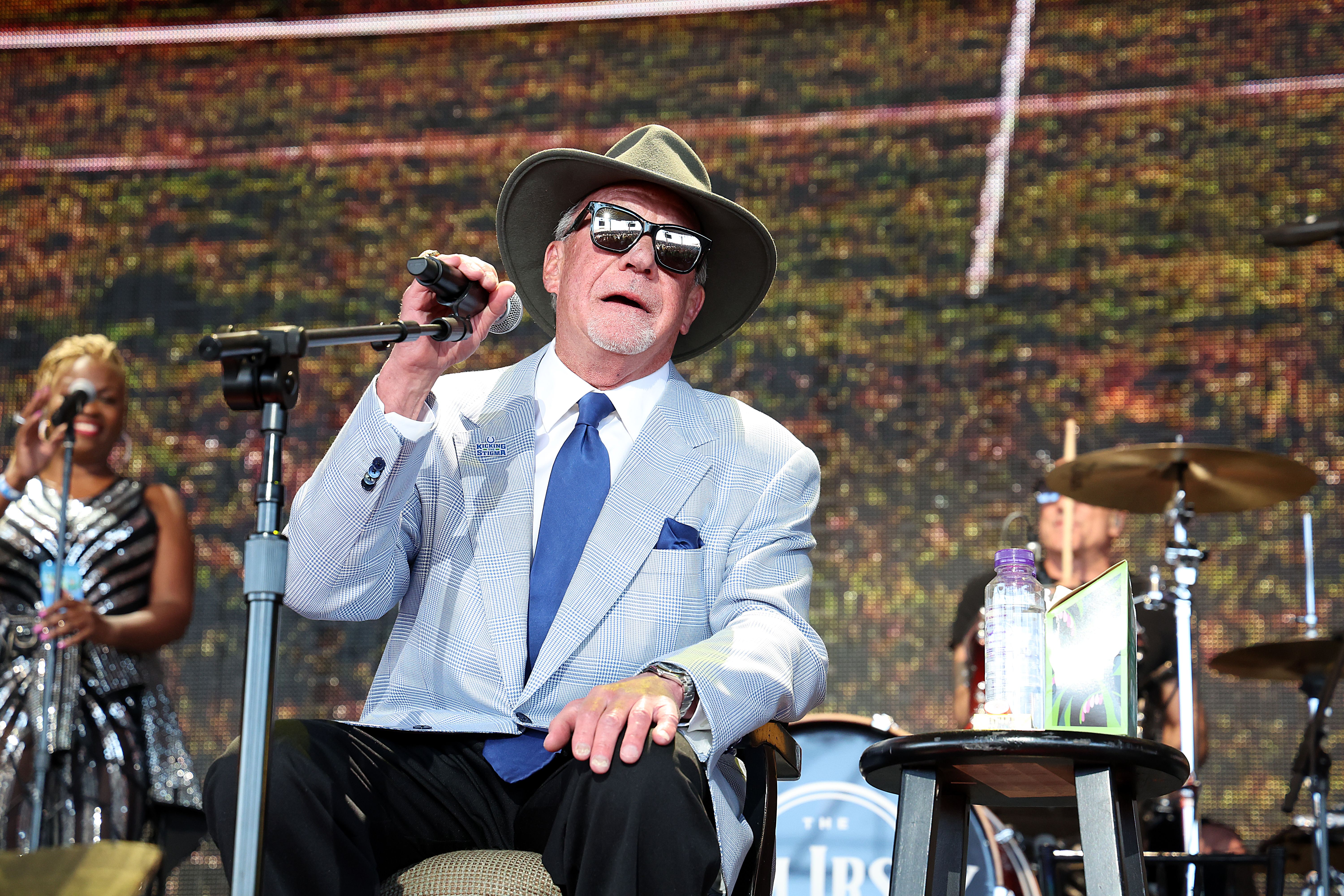 Indianapolis Colts owner Jim Irsay performs in concert with the Jim Irsay Band during Farm Aid at Ruoff Home Mortgage Music Center on September 23, 2023 in Noblesville, Indiana.