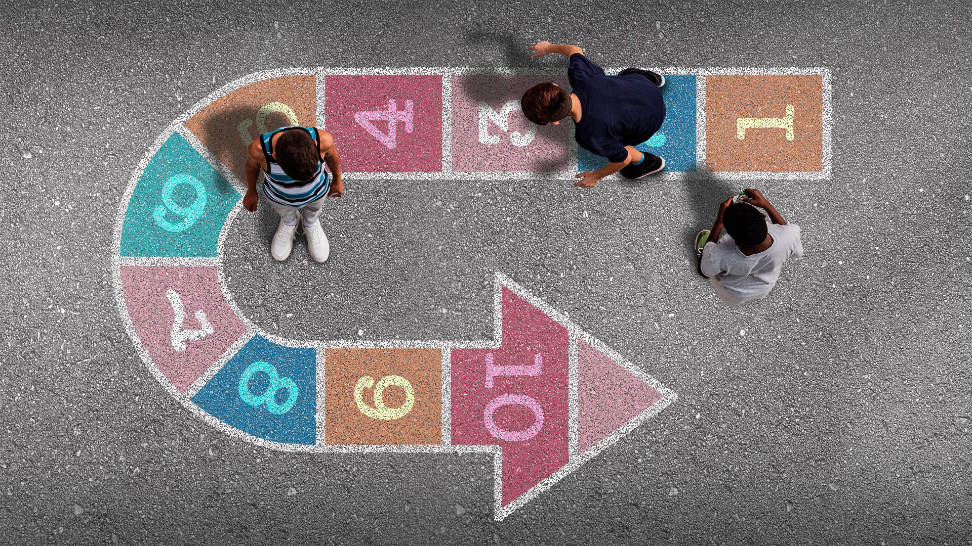 Illustration of kids playing hopscotch on a return arrow-shaped hopscotch court