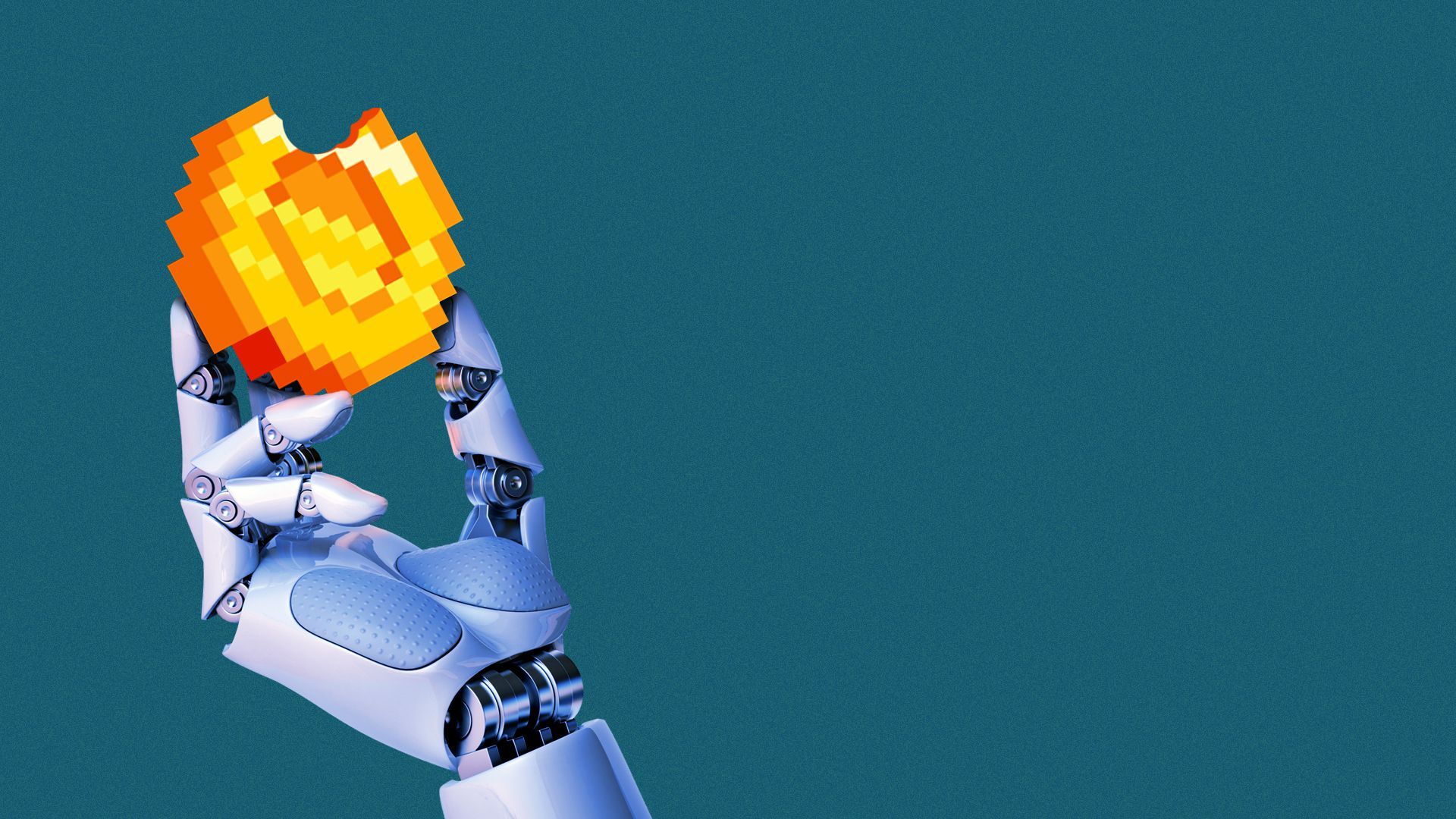 Illustration of a robot hand holding a digital coin with a bite taken out of it