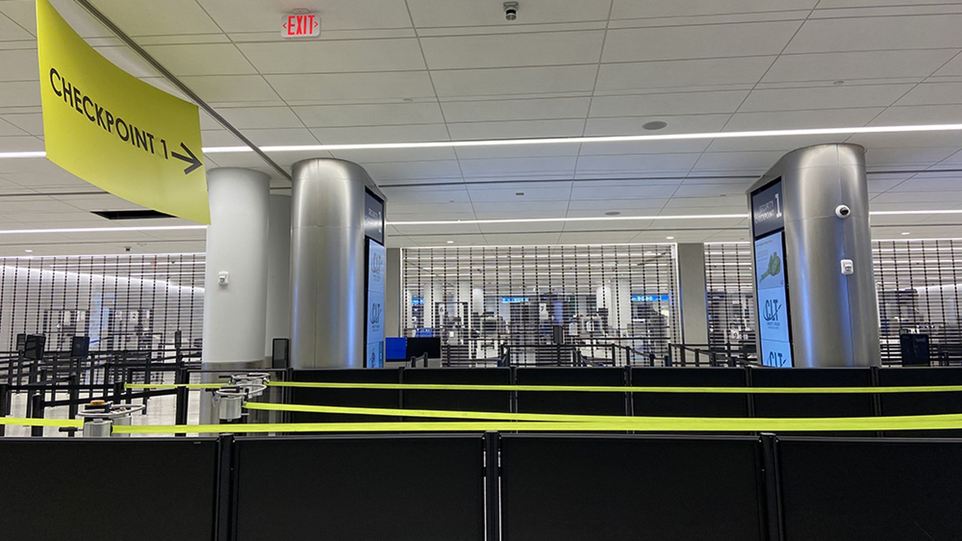 A closed airport checkpoint around 12:40am during the Thanksgiving holiday travel period at Charlotte Douglas International Airport.