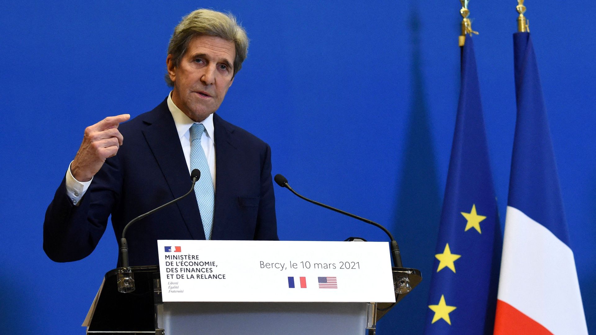 John Kerry speaking in Paris on March 10.