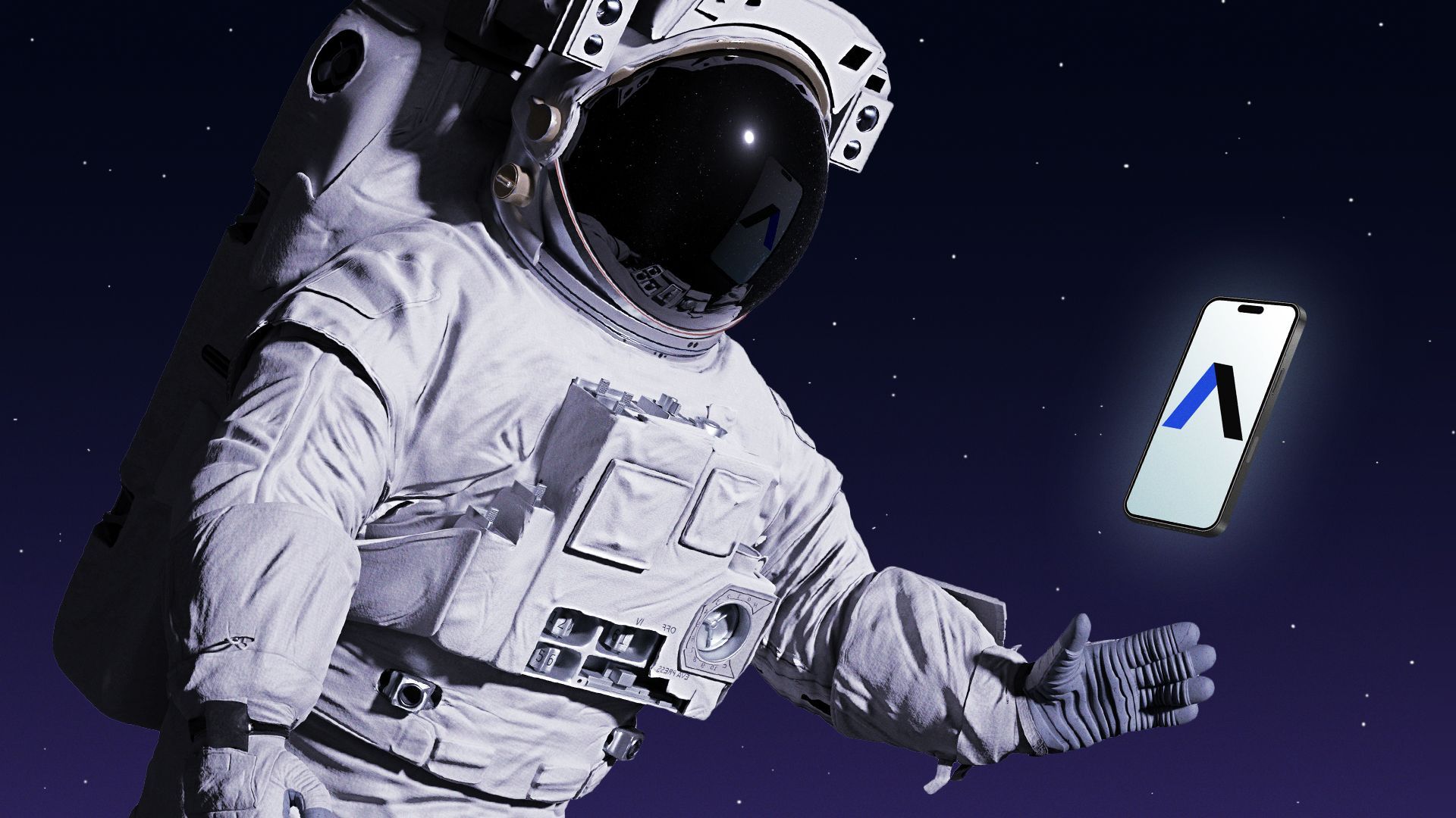 Illustration of an astronaut  floating in outer space with a smartphone hovering nearby. The phone screen displays the Axios logo.