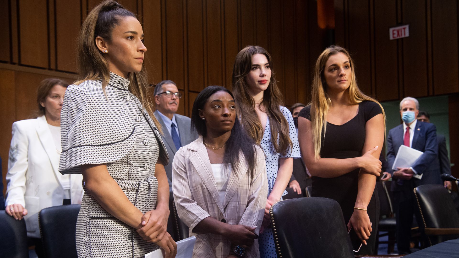 U.S. Olympic gymnasts Aly Raisman, Simone Biles, McKayla Maroney and NCAA and world champion gymnast Maggie Nichols leave after testifying during a Senate Judiciary hearing