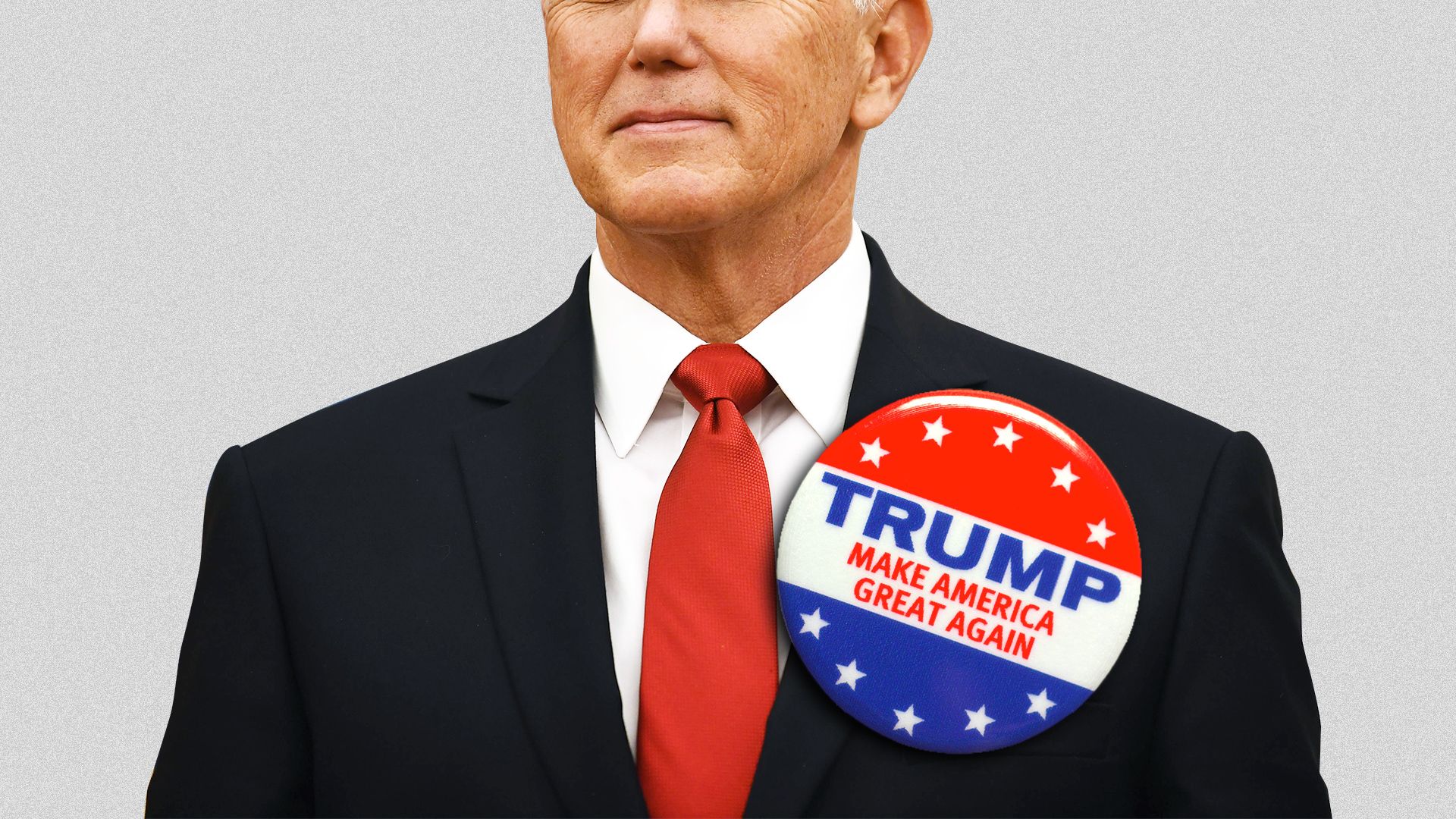 Illustration of Mike Pence with a larger very oversized Trump button on his lapel.