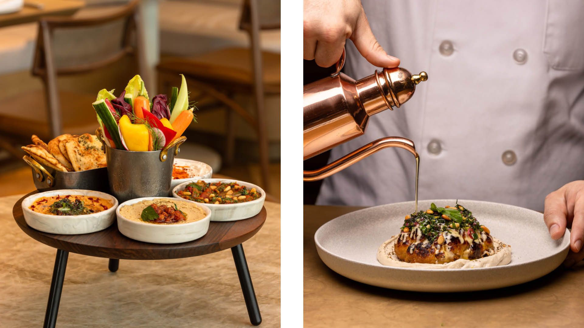 Two photos, one of a mediterranean appetizer spread and the other of a chef pouring a kettle onto a dish 