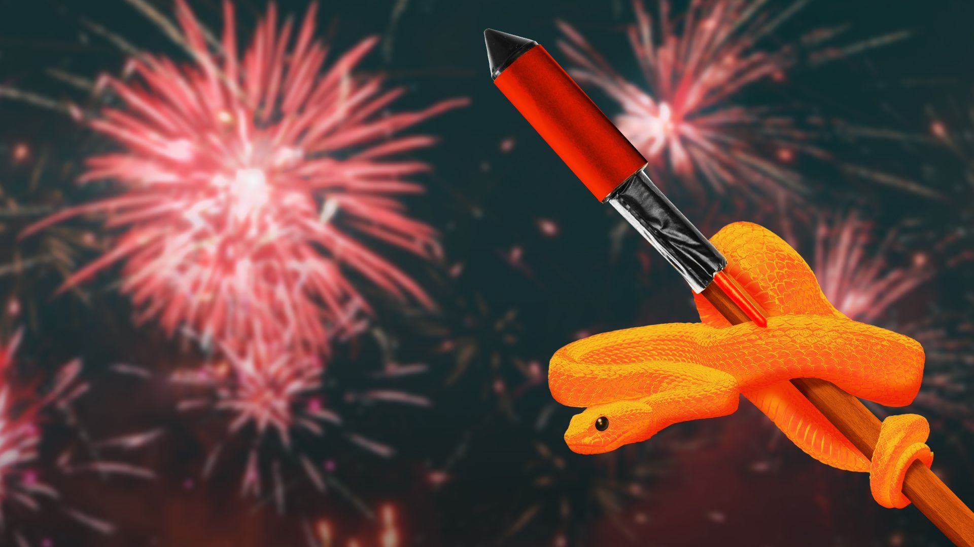 Illustration of a snack wrapped around a stick carrying a firework with fireworks going off in the background