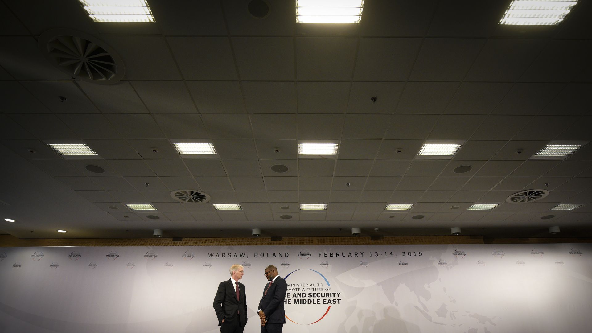 Participants are seen gathering ahead of the group photo shoot at the National Stadium in Warsaw, Poland on Feb. 14, 2019 during the Middle East summit.