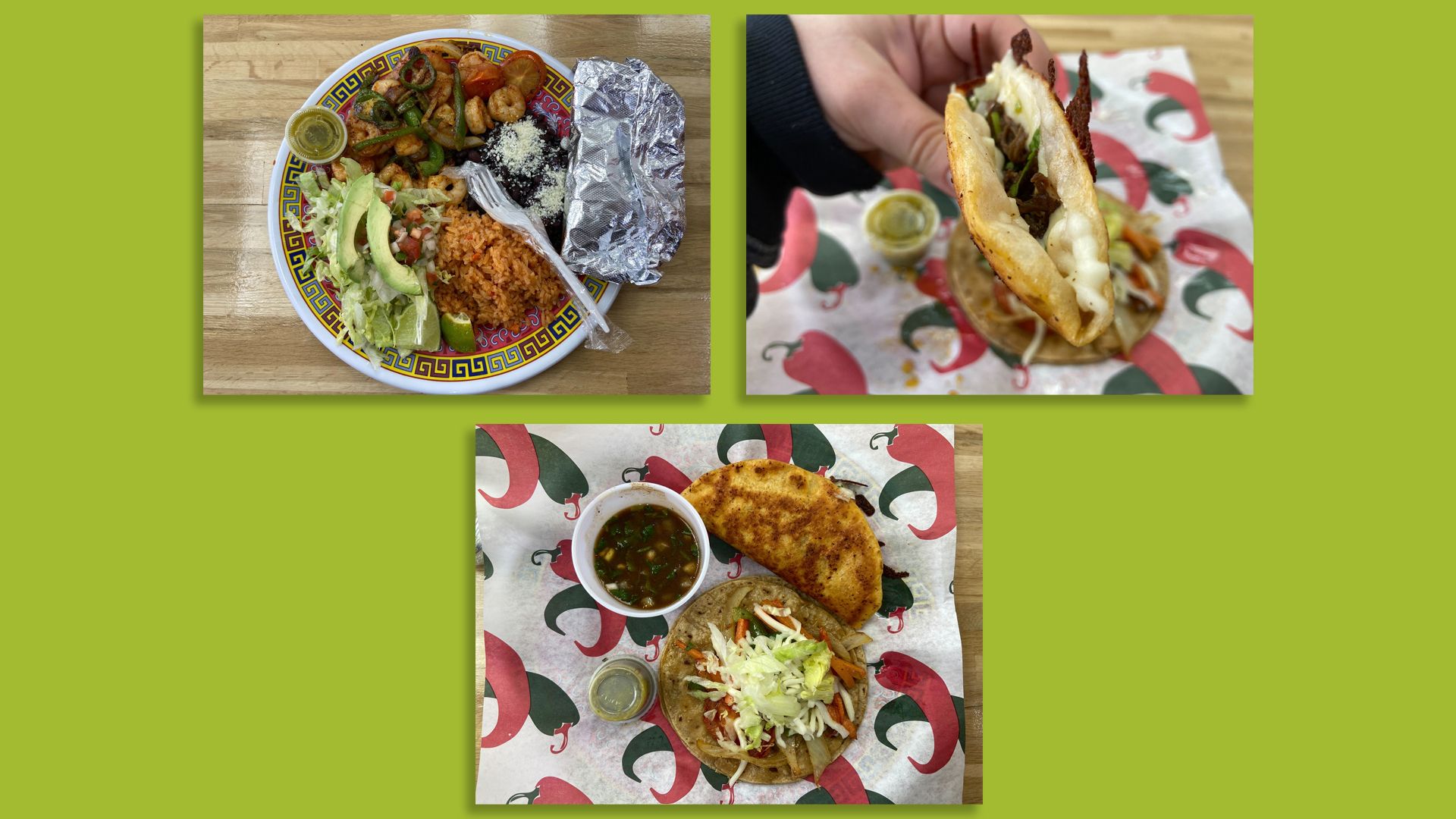 A series of three dishes including a plate of Mexican rice, black beans, and shrimp and two tacos